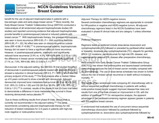 Version 4.2025 © 2025 National Comprehensive Cancer Network©
(NCCN©
), All rights reserved. NCCN Guidelines® and this illustration may not be reproduced in any form without the express written permission of NCCN.
NCCN Guidelines Version 4.2025
Breast Cancer
MS-45
benefit for the use of adjuvant bisphosphonates in patients with a
low-estrogen state and early-stage breast cancer.376 More recently, the
Early Breast Cancer Trialists' Collaborative Group (EBTCG) conducted a
meta-analysis of all randomized adjuvant bisphosphonate studies (26
studies) and reported convincing evidence that adjuvant bisphosphonates
provide benefits to postmenopausal (natural or induced) patients with
breast cancer.377
With bisphosphonate therapy, the greatest improvement
was seen in bone recurrence (RR=0.83, P = .004) and bone fractures
(RR=0.85, P = .02). No effect was seen on distant recurrence outside
bone (RR =0.98, P =0.69).377
In premenopausal patients, bisphosphonate
therapy did not seem to have a significant effect on bone recurrence.
However, in postmenopausal patients, zoledronic acid significantly
reduced bone recurrence (3.4% vs. 4.5%, RR=0.73, 99% CI 0.53 to 1.00);
the difference in breast cancer mortality was not statistically significant
(7.1% vs. 7.9%, RR=0.88, 99% CI 0.69 to 1.11).377
Denosumab: In the adjuvant setting, the ABCSG-18 trial studied the effect
of denosumab in postmenopausal patients treated with adjuvant AIs and
showed a reduction in clinical fractures (HR 0.5, P  .0001), which was the
primary endpoint of this study.378 The final analysis after a median follow-
up of 8 years continued to show a benefit with denosumab. Adjuvant
denosumab improved bone metastasis-free survival (88.9 vs. 86.4%; HR,
0.81; 95% CI, 0.65 to 1.00) and OS (90.9 vs. 89.9%; HR, 0.80; 95% CI,
0.64 to 1.01).379
In contrast, results of the phase III trial (D-Care) trial failed
to demonstrate a difference in bone metastasis-free survival in those
receiving denosumab versus placebo.380
Due to these conflicting results from phase III trials, denosumab is
currently not recommended in the adjuvant setting.379 The panel
recommends considering adjuvant bisphosphonate therapy for risk
reduction of distant metastasis for 3–5 years in patients with high-risk
node negative or node-positive tumors.
Adjuvant Therapy for HER2-negative tumors
Several combination chemotherapy regimens are appropriate to consider
for HR-positive or negative and HER2-negative tumors. All adjuvant
chemotherapy regimens listed in the NCCN Guidelines have been
evaluated in phase III clinical trials and are category 1 unless otherwise
noted.
Preferred Regimens
Regimens listed as preferred include dose-dense doxorubicin and
cyclophosphamide (AC) followed or preceded by paclitaxel either weekly
or biweekly; docetaxel plus cyclophosphamide (TC); olaparib for germline
BRCA 1/2 mutations; pembrolizumab for high-risk ER- disease; and
capecitabine for residual ER- disease after preoperative chemotherapy.
Meta-analysis from Early Breast Cancer Trialists’ Collaborative Group
(EBCTCG) has shown that anthracycline and taxane-based combination
chemotherapy reduces the risk of breast cancer mortality compared with
no chemotherapy. The use of dose-dense schedules has shown to further
reduce the risk of breast cancer recurrence or death without increasing
mortality. 381
The results of two randomized trials comparing AC chemotherapy with or
without sequential paclitaxel chemotherapy in patients with axillary
node-positive breast cancer suggest improved disease-free rates and
results from one of the trials showed an improvement in OS, with the
addition of paclitaxel.382,383
On retrospective analysis, the apparent
advantage of the paclitaxel-containing regimen appears greater in patients
with ER-negative breast cancers.
A randomized trial evaluated the use of concurrent versus sequential
chemotherapy (doxorubicin followed by paclitaxel followed by
cyclophosphamide vs. doxorubicin plus cyclophosphamide followed by
PLEASE NOTE that use of this NCCN Content is governed by the End-User License Agreement, and you MAY NOT distribute this Content or use it with any artificial intelligence model or tool.
Printed by Kirushanth Kiru on 9/22/2025 11:08:38 PM. Copyright © 2025 National Comprehensive Cancer Network, Inc. All Rights Reserved.
 