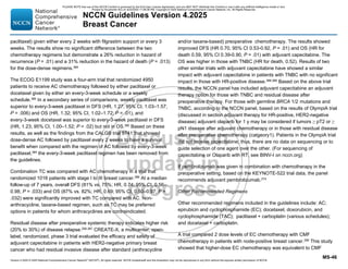 Version 4.2025 © 2025 National Comprehensive Cancer Network©
(NCCN©
), All rights reserved. NCCN Guidelines® and this illustration may not be reproduced in any form without the express written permission of NCCN.
NCCN Guidelines Version 4.2025
Breast Cancer
MS-46
paclitaxel) given either every 2 weeks with filgrastim support or every 3
weeks. The results show no significant difference between the two
chemotherapy regimens but demonstrate a 26% reduction in hazard of
recurrence (P = .01) and a 31% reduction in the hazard of death (P = .013)
for the dose-dense regimens.384
The ECOG E1199 study was a four-arm trial that randomized 4950
patients to receive AC chemotherapy followed by either paclitaxel or
docetaxel given by either an every-3-week schedule or a weekly
schedule.385
In a secondary series of comparisons, weekly paclitaxel was
superior to every-3-week paclitaxel in DFS (HR, 1.27; 95% CI, 1.03–1.57;
P = .006) and OS (HR, 1.32; 95% CI, 1.02–1.72; P = .01), and
every-3-week docetaxel was superior to every-3-week paclitaxel in DFS
(HR, 1.23; 95% CI, 1.00–1.52; P = .02) but not in OS.385 Based on these
results, as well as the findings from the CALGB trial 9741 that showed
dose-dense AC followed by paclitaxel every 2 weeks to have a survival
benefit when compared with the regimen of AC followed by every-3-week
paclitaxel,384
the every-3-week paclitaxel regimen has been removed from
the guidelines.
Combination TC was compared with AC chemotherapy in a trial that
randomized 1016 patients with stage I to III breast cancer.386
At a median
follow-up of 7 years, overall DFS (81% vs. 75%; HR, 0.74; 95% CI, 0.56–
0.98; P = .033) and OS (87% vs. 82%; HR, 0.69; 95% CI, 0.50–0.97; P =
.032) were significantly improved with TC compared with AC. Non-
anthracycline, taxane-based regimen, such as TC may be preferred
options in patients for whom anthracyclines are contraindicated.
Residual disease after preoperative systemic therapy indicates higher risk
(20% to 30%) of disease relapse.256,387
CREATE-X, a multicenter, open-
label, randomized, phase 3 trial evaluated the efficacy and safety of
adjuvant capecitabine in patients with HER2-negative primary breast
cancer who had residual invasive disease after standard (anthracycline
and/or taxane-based) preoperative chemotherapy. The results showed
improved DFS (HR 0.70, 95% CI 0.53-0.92, P = .01) and OS (HR for
death 0.59, 95% CI 0.39-0.90, P = .01) with adjuvant capecitabine. The
OS was higher in those with TNBC (HR for death, 0.52). Results of two
other similar trials with adjuvant capecitabine have showed a similar
impact with adjuvant capecitabine in patients with TNBC with no significant
impact in those with HR-positive disease.388,389
Based on the above trial
results, the NCCN panel has included adjuvant capecitabine an adjuvant
therapy option for those with TNBC and residual disease after
preoperative therapy. For those with germline BRCA 1/2 mutations and
TNBC, according to the NCCN panel, based on the results of OlympiA trial
(discussed in section adjuvant therapy for HR-positive, HER2-negative
disease) adjuvant olaparib for 1 y may be considered if tumors ≥ pT2 or ≥
pN1 disease after adjuvant chemotherapy or in those with residual disease
after preoperative chemotherapy (catgeory1). Patients in the OlympiA trial
did not receive capecitabine; thus, there are no data on sequencing or to
guide selection of one agent over the other. (For sequencing of
capecitabine or Olaparib with RT, see BINV-I on nccn.org)
If pembrolizumab was given in combination with chemotherapy in the
preoperative setting, based on the KEYNOTE-522 trial data, the panel
recommends adjuvant pembrolizumab.274
Other Recommended Regimens
Other recommended regimens included in the guidelines include: AC;
epirubicin and cyclophosphamide (EC); docetaxel, doxorubicin, and
cyclophosphamide (TAC); paclitaxel + carboplatin (various schedules);
and docetaxel + carboplatin.
A trial compared 2 dose levels of EC chemotherapy with CMF
chemotherapy in patients with node-positive breast cancer.390
This study
showed that higher-dose EC chemotherapy was equivalent to CMF
PLEASE NOTE that use of this NCCN Content is governed by the End-User License Agreement, and you MAY NOT distribute this Content or use it with any artificial intelligence model or tool.
Printed by Kirushanth Kiru on 9/22/2025 11:08:38 PM. Copyright © 2025 National Comprehensive Cancer Network, Inc. All Rights Reserved.
 
