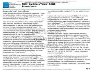 Version 4.2025 © 2025 National Comprehensive Cancer Network©
(NCCN©
), All rights reserved. NCCN Guidelines® and this illustration may not be reproduced in any form without the express written permission of NCCN.
NCCN Guidelines Version 4.2025
Breast Cancer
MS-56
Management of Locally Recurrent Disease
Patients with local recurrence only are divided into three groups: 1) those
who had been treated initially by mastectomy alone; 2) those who had
been treated initially by mastectomy plus RT; and 3) those who had
received breast-conserving therapy plus RT.
In one retrospective study of local recurrence patterns in patients with
breast cancer who had undergone mastectomy and adjuvant
chemotherapy without RT, the most common sites of local recurrence
were at the chest wall and the supraclavicular lymph nodes.463
The
recommendations for treatment of the population of patients experiencing
a local recurrence only are supported by analyses of a combined database
of patients from the EORTC 10801 and Danish Breast Cancer
Cooperative Group 82TM trials. The analyses compared
breast-conserving therapy with mastectomy in patients with stage I and
stage II disease. The 133 (approximately 8%) patients experiencing a local
recurrence as an initial event were approximately equally divided between
those who had undergone mastectomy and those who had received
breast-conserving therapy as initial treatment for breast cancer. Of those
in the former group, 51 (76%) were able to undergo RT with or without
surgery as treatment for local disease recurrence. No difference in survival
emerged between patients receiving treatment after initial treatment with
mastectomy or breast-conserving therapy; approximately 50% of both
groups were alive at 10-year follow-up.464
According to the NCCN Panel, mastectomy-treated patients should
undergo surgical resection of the local recurrence (if it can be
accomplished with limited morbidity) and involved-field RT to the chest
wall and supraclavicular area (if the chest wall was not previously treated
or if additional RT may be safely administered). The use of surgical
resection in this setting implies the use of limited excision of disease with
the goal of obtaining clear margins of resection. Unresectable chest wall
recurrent disease should be treated with RT if no prior radiation has been
given.
In patients with a local breast recurrence after BCS and RT who had a
prior sentinel lymph node (SLN) biopsy, a repeat SLNB may be
considered although the accuracy of repeat SLNB is unproven, and the
prognostic significance of repeat SLNB after mastectomy is unknown and
its use is discouraged.465,466
On the other hand, the prognostic significance
of repeat SLNB after mastectomy is unknown and its use is discouraged.
The consensus recommendation of the Panel for most patients with a local
recurrence following breast-conserving therapy and SLNB is mastectomy
and a level I/II axillary dissection.
The results of the CALOR trial found that after complete resection in
patients with isolated locoregional recurrence, adjuvant chemotherapy
improves both DFS and OS.467
After a median follow-up of 4.9 years, the
overall DFS was 69% in the chemotherapy group versus 57% in the group
that did not receive chemotherapy (HR, 0.59; P = .046).467
Five-year OS in
all patients in the study was also significantly improved with chemotherapy
(88% vs. 76%, P = .024).467
The benefit of adjuvant chemotherapy was
mostly seen in patients with ER-negative disease. Among patients with
ER-negative disease, 5-year DFS was 67% versus 35% (HR, 0.32; 95%
CI, 0.14–0.73) and in those ER-positive disease, the 5-year DFS was 70%
versus 69% (HR, 0.94; 95% CI, 0.47–1.89).467
However these patients
received endocrine therapy.
According to the NCCN Panel, after local treatment, patients with local
recurrences only should be considered for limited duration systemic
chemotherapy or endocrine therapy similar to that outlined in the adjuvant
chemotherapy section. The Panel emphasized the importance of
individualizing treatment strategies in patients with a recurrence of disease
limited to a local site.
PLEASE NOTE that use of this NCCN Content is governed by the End-User License Agreement, and you MAY NOT distribute this Content or use it with any artificial intelligence model or tool.
Printed by Kirushanth Kiru on 9/22/2025 11:08:38 PM. Copyright © 2025 National Comprehensive Cancer Network, Inc. All Rights Reserved.
 