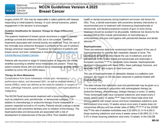 Version 4.2025 © 2025 National Comprehensive Cancer Network©
(NCCN©
), All rights reserved. NCCN Guidelines® and this illustration may not be reproduced in any form without the express written permission of NCCN.
NCCN Guidelines Version 4.2025
Breast Cancer
MS-58
surgery and/or RT, this may be reasonable in select patients with disease
responding to initial systemic therapy. In such clinical scenarios, patient
engagement in the decision is encouraged.
Guideline Stratification for Systemic Therapy for Stage IV/Recurrent
Disease
The systemic treatment of breast cancer recurrence or stage IV disease
prolongs survival and enhances QOL but is not curative. Therefore,
treatments associated with minimal toxicity are preferred. Thus, the use of
the minimally toxic endocrine therapies is preferred to the use of cytotoxic
therapy whenever reasonable.479
Guidance for treatment of patients with
breast cancer and brain metastases is included the NCCN Guidelines for
Central Nervous System Cancers.
Patients with recurrent or stage IV breast cancer at diagnosis are initially
stratified according to whether bone metastases are present. These two
patient subsets (those with and without bony metastases) are then further
stratified by tumor HR and HER2 status.
Therapy for Bone Metastases
Complications from bone metastases include pain, decreased
performance status, and decreased QOL, as well as skeletal-related
events (SREs), which are defined as the need for radiation or surgery to
bone, pathologic fractures, spinal cord compression, and hypercalcemia of
malignancy.
The NCCN Panel recommends treatment with a bone-modifying agent
such as zoledronic acid, pamidronate, or denosumab (category 1) in
addition to chemotherapy or endocrine therapy if bone metastasis is
present; expected survival is ≥3 months. Patients should undergo a dental
examination with preventive dentistry prior to initiation of this therapy. The
bisphosphonates and denosumab are associated with a risk of
development of osteonecrosis of the jaw (ONJ). Poor baseline dental
health or dental procedures during treatment are known risk factors for
ONJ. Thus, a dental examination with preventive dentistry intervention is
recommended prior to treatment with intravenous bisphosphonate or
denosumab, and dental procedures invasive of gum or bone during
treatment should be avoided if at all possible. Additional risk factors for the
development of ONJ include administration of chemotherapy or
corticosteroids and poor oral hygiene with periodontal disease and dental
abscess.480
Bisphosphonates
There are extensive data from randomized trials in support of the use of
bisphosphonates for patients with metastatic disease to bone. The
randomized clinical trial data include the use of zoledronic acid and
pamidronate in the United States and ibandronate and clodronate in
European countries.481-488 In metastatic bone disease, bisphosphonate
treatment is associated with fewer SREs, fewer pathologic fractures, and
less need for RT and surgery to treat bone pain.
The use of bisphosphonates in metastatic disease is a palliative care
measure. No impact on OS has been observed in patients treated with
bisphosphonates.
The data indicate that zoledronic acid and pamidronate may be given on a
3- to 4-week schedule in conjunction with antineoplastic therapy (ie,
endocrine therapy, chemotherapy, biologic therapy) or every 12 weeks.
Three randomized trials have compared zoledronic acid dosed every 4
weeks versus every 12 weeks.489-491 Data from these trials show that
among patients with breast cancer and bone metastases zoledronic acid
administered once every 12 weeks versus once every 4 weeks does not
compromise efficacy and has similar rates of SREs.489,490,492
In the ZOOM
trial,489
the rate of skeletal morbidities was 0.22 (95% CI, 0.14–0.29) in
those receiving zoledronic acid every 4 weeks versus 0.26 (95% CI, 0.15–
0.37) in those receiving zoledronic acid every 12 weeks. In the CALGB
PLEASE NOTE that use of this NCCN Content is governed by the End-User License Agreement, and you MAY NOT distribute this Content or use it with any artificial intelligence model or tool.
Printed by Kirushanth Kiru on 9/22/2025 11:08:38 PM. Copyright © 2025 National Comprehensive Cancer Network, Inc. All Rights Reserved.
 