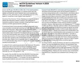 Version 4.2025 © 2025 National Comprehensive Cancer Network©
(NCCN©
), All rights reserved. NCCN Guidelines® and this illustration may not be reproduced in any form without the express written permission of NCCN.
NCCN Guidelines Version 4.2025
Breast Cancer
MS-64
tumors, the HR was 0.85 (95% CI, 0.58–1.25). In the overall population,
the most frequently reported grade 3 or 4 adverse events seen with
alpelisib and fulvestrant versus fulvestrant alone were hyperglycemia
(36.6% vs. 0.7%), rash (9.9% vs. 0.3%), and diarrhea (6.7% vs. 0.3%)
(grade 3); no diarrhea or rash of grade 4 were reported.529
Everolimus Plus Endocrine Therapy: Resistance to endocrine therapy in
patients with HR-positive disease is frequent. One mechanism of
resistance to endocrine therapy is activation of the mammalian target of
rapamycin (mTOR) signal transduction pathway.
A randomized phase II study estimated the efficacy of tamoxifen alone
versus tamoxifen combined with everolimus, an oral inhibitor of mTOR, in
patients with HR-positive, HER2-negative metastatic breast cancer
previously treated with an AI.530 After a median follow-up of 13 months, an
intent-to-treat analysis showed that the clinical benefit was 42.1% (95%
CI, 29.1–55.9) with tamoxifen alone and 61.1% (95% CI, 46.9–74.1) with
tamoxifen plus everolimus. An improvement in median time to progression
was seen when everolimus was combined with tamoxifen compared with
tamoxifen alone. Median time to progression was 4.5 months (95% CI,
3.7–8.7) with tamoxifen alone versus 8.5 months (95% CI, 6.01–13.9) with
everolimus and tamoxifen.530
In a phase III trial in postmenopausal patients with advanced, HR-positive
breast cancer with no prior endocrine therapy for advanced disease,
randomized subjects to letrozole with or without the mTOR inhibitor
temsirolimus,531
PFS was not different between the treatment arms (HR,
0.89; 95% CI, 0.75–1.05; log-rank P = .18).
The results of this trial differ from that of the BOLERO-2 trial (described
below). The reasons for the differences in the outcomes of these two
randomized phase III studies531,532
is uncertain, but may be related to the
issues of patient selection and extent of prior endocrine therapy.
A phase III study (BOLERO-2) randomized postmenopausal patients with
HR-positive advanced breast cancer that had disease progression or
recurrence during treatment with a nonsteroidal AI to exemestane with or
without the mTOR inhibitor everolimus.533 Final results reported after
median 18-month follow-up show that median PFS (by central review)
remained significantly longer with everolimus plus exemestane versus
placebo plus exemestane at 11.0 versus 4.1 months, respectively (HR,
0.38; 95% CI, 0.31–0.48; P  .0001).532
The adverse events (all grades)
that occurred more frequently in those receiving everolimus included
stomatitis, infections, rash, pneumonitis, and hyperglycemia.532,533
Analysis
of safety and efficacy in the older patients enrolled in this trial showed that
older patients treated with an everolimus-containing regimen had similar
incidences of these adverse events, but the younger patients had more
on-treatment deaths.534 Based on the evidence from the BOLERO-2 trial,
the NCCN Panel has included everolimus plus exemestane as an option
for patients who fulfill the entry criteria for BOLERO-2. Tamoxifen or
fulvestrant in combination with everolimus have also been included as
options. The NCCN Panel also notes that if there is disease progression
while on an everolimus-containing regimen, there are no data to support
an additional line of therapy with another everolimus regimen.
Aromatase Inhibitors: AIs as monotherapy are options as subsequent-line
therapy. The three AIs (anastrozole, letrozole, and exemestane) have
shown similar efficacy in the second-line setting.514,535,536
AI monotherapy
maybe be useful in patients desiring single-agent treatment, if they have
not received an AI as first-line treatment or if they may not be suitable for
combination therapy. Patients who have received a prior nonsteroidal AI
may benefit from a steroidal AI as a subsequent line of therapy or vice
versa.
PLEASE NOTE that use of this NCCN Content is governed by the End-User License Agreement, and you MAY NOT distribute this Content or use it with any artificial intelligence model or tool.
Printed by Kirushanth Kiru on 9/22/2025 11:08:38 PM. Copyright © 2025 National Comprehensive Cancer Network, Inc. All Rights Reserved.
 
