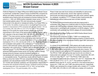 Version 4.2025 © 2025 National Comprehensive Cancer Network©
(NCCN©
), All rights reserved. NCCN Guidelines® and this illustration may not be reproduced in any form without the express written permission of NCCN.
NCCN Guidelines Version 4.2025
Breast Cancer
MS-66
Preferred Regimens for Stage IV/Recurrent HER2-Positive Breast Cancer
A randomized, double-blind, phase III study (CLEOPATRA) compared the
efficacy and safety of pertuzumab in combination with trastuzumab and
docetaxel versus trastuzumab and docetaxel as first-line treatment for 808
patients (n = 808) with HER2-positive metastatic breast cancer.543
This
trial included patients (about 10%) who had previously received
trastuzumab in the adjuvant or neoadjuvant setting. At a median follow-up
of 19 months, the addition of pertuzumab to docetaxel plus trastuzumab
resulted in improvement in PFS compared with placebo (median, 18.5 vs.
12.4 months; HR, 0.62; 95% CI, 0.51–0.75; P  .001).543
At a median
follow-up of 30 months the results showed a statistically significant
improvement in OS in favor of the pertuzumab-containing regimen, with a
34% reduction in the risk of death (HR, 0.66; 95% CI, 0.52–0.84; P =
.0008).544 The most common adverse reactions reported in the
pertuzumab group compared to the control group were diarrhea (67% vs.
46%), rash (34% vs. 24%), mucosal inflammation (27% vs. 20%), febrile
neutropenia (14% vs. 8%), and dry skin (10% vs. 4%). Peripheral edema
and constipation were greater in the control group.543 Cardiac adverse
events or left ventricular systolic dysfunction were reported slightly more
frequently in the control group.545
HRQOL was not different in the two
treatment groups.546
In the PERUSE study, patients (n = 1436) with
advanced HER2-positive breast cancer and no prior systemic therapy
(except endocrine therapy) received docetaxel, paclitaxel, or
nab-paclitaxel with trastuzumab and pertuzumab until disease progression
or unacceptable toxicity. The preliminary results after 52 months of median
follow-up show that median PFS was comparable between docetaxel,
paclitaxel, and nab-paclitaxel (median PFS reported was 19.6, 23.0, and
18.1 months with docetaxel, paclitaxel, and nab-paclitaxel, respectively).547
Compared with docetaxel-containing therapy, paclitaxel-containing therapy
was associated with more neuropathy (31% vs. 16%), but less febrile
neutropenia (1% vs. 11%) and mucositis (14% vs. 25%).
Phase II trials have also found activity and tolerability for pertuzumab,
pertuzumab with trastuzumab, and for other regimens combining
pertuzumab and trastuzumab together with other active cytotoxic agents
(ie, paclitaxel, vinorelbine).548,549,550 Phase III trials of pertuzumab plus
chemotherapy without trastuzumab have not been reported.
The NCCN Panel recommends pertuzumab plus trastuzumab in
combination with a taxane as a preferred option for first-line treatment of
patients with HER2-positive metastatic breast cancer. Pertuzumab plus
trastuzumab in combination with docetaxel is an NCCN category 1 and in
combination with paclitaxel is an NCCN category 2A recommendation.
Other Regimens for Stage IV/Recurrent HER2-Positive Breast Cancer
Ado-trastuzumab emtansine (T-DM1): T-DM1 is an antibody-drug
conjugate that stably links the HER2-targeting property of trastuzumab to
the cytotoxic activity of the microtubule-inhibitory agent DM1 (derivative of
maytansine).
In a phase III trial (MARIANNE), 1095 patients with locally advanced or
metastatic breast cancer were randomized to first-line treatment with
T-DM1 with or without pertuzumab or trastuzumab plus a taxane. The
primary endpoints were safety and PFS assessed by independent review.
The PFS for T-DM1 with pertuzumab was found to be non-inferior to
trastuzumab and a taxane (15.2 and 13.7 months, respectively; HR, 0.87;
97.5% CI, 0.69–1.08; P = .14).551 The PFS for T-DM1 alone was
non-inferior to trastuzumab plus a taxane (14.1 and 13.7, respectively; HR,
0.91; 97.5% CI, 0.73–1.13; P = .31).551 The incidence of grade 3–5
adverse events was 54.1%, 45.4%, and 46.2% in the trastuzumab plus a
taxane arm, T-DM1 arm, and T-DM1 plus pertuzumab arm, respectively.
HRQOL was maintained for a longer duration with a median of 7.7 months
for T-DM1 (HR, 0.70; 95% CI, 0.57–0.86) and a median of 9 months for
PLEASE NOTE that use of this NCCN Content is governed by the End-User License Agreement, and you MAY NOT distribute this Content or use it with any artificial intelligence model or tool.
Printed by Kirushanth Kiru on 9/22/2025 11:08:38 PM. Copyright © 2025 National Comprehensive Cancer Network, Inc. All Rights Reserved.
 