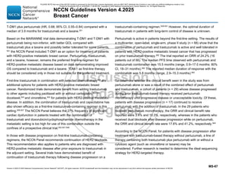 Version 4.2025 © 2025 National Comprehensive Cancer Network©
(NCCN©
), All rights reserved. NCCN Guidelines® and this illustration may not be reproduced in any form without the express written permission of NCCN.
NCCN Guidelines Version 4.2025
Breast Cancer
MS-67
T-DM1 plus pertuzumab (HR, 0.68; 95% CI, 0.55–0.84) compared with a
median of 3.9 months for trastuzumab and a taxane.551
Based on the MARIANNE trial data demonstrating T-DM1 and T-DM1 with
pertuzumab being non-inferior, with better QOL compared with
trastuzumab plus a taxane and possibly better tolerated for some patients,
551 the NCCN Panel included T-DM1 as an option for treatment of patients
with HER2-positive metastatic breast cancer. Pertuzumab, trastuzumab,
and a taxane, however, remains the preferred first-line regimen for
HER2-positive metastatic disease based on data demonstrating improved
OS compared to trastuzumab and a taxane. TDM-1 as first-line therapy
should be considered only in those not suitable for the preferred treatment.
First-line trastuzumab in combination with selected chemotherapy552 are
additional options for patients with HER2-positive metastatic breast
cancer. Randomized trials demonstrate benefit from adding trastuzumab
to other agents including paclitaxel with or without carboplatin,552-555
docetaxel,553
and vinorelbine,553
for patients with HER2-positive metastatic
disease. In addition, the combination of trastuzumab and capecitabine has
also shown efficacy as a first-line trastuzumab-containing regimen in this
setting.556,557
The NCCN Panel believes the 27% frequency of significant
cardiac dysfunction in patients treated with the combination of
trastuzumab and doxorubicin/cyclophosphamide chemotherapy in the
metastatic setting is too high for use of this combination outside the
confines of a prospective clinical trial.552,557,558
In those with disease progression on first-line trastuzumab-containing
regimens, the NCCN Panel recommends continuation of HER2 blockade.
This recommendation also applies to patients who are diagnosed with
HER2-positive metastatic disease after prior exposure to trastuzumab in
the adjuvant setting. Several trials have demonstrated benefit of
continuation of trastuzumab therapy following disease progression on a
trastuzumab-containing regimen.559-561
However, the optimal duration of
trastuzumab in patients with long-term control of disease is unknown.
Pertuzumab is active in patients beyond the first-line setting. The results of
a multicenter, open-label, single-arm, phase II study (n = 66) show that the
combination of pertuzumab and trastuzumab is active and well tolerated in
patients with HER2-positive metastatic breast cancer that has progressed
on prior trastuzumab therapy.562
The trial reported an ORR of 24.2% (16
patients out of 66). The median PFS time observed with pertuzumab and
trastuzumab combination was 15.5 months (range, 0.9–17.0 months; 80%
CI, 18–31 months).562
The reported median duration of response with the
combination was 5.8 months (range, 2.9–15.3 months).562
To determine whether the clinical benefit seen in the study was from
pertuzumab alone or was a result of the combined effect of pertuzumab
and trastuzumab, a cohort of patients (n = 29) whose disease progressed
during prior trastuzumab-based therapy received pertuzumab
monotherapy until progressive disease or unacceptable toxicity. Of these,
patients with disease progression (n = 17) continued to receive
pertuzumab with the addition of trastuzumab. In the 29 patients who
received pertuzumab monotherapy, the ORR and clinical benefit rate
reported were 3.4% and 10.3%, respectively, whereas in the patients who
received dual blockade after disease progression while on pertuzumab,
the ORR and clinical benefit rate were 17.6% and 41.2%, respectively.563
According to the NCCN Panel, for patients with disease progression after
treatment with trastuzumab-based therapy without pertuzumab, a line of
therapy containing both trastuzumab plus pertuzumab with or without a
cytotoxic agent (such as vinorelbine or taxane) may be
considered. Further research is needed to determine the ideal sequencing
strategy for HER2-targeted therapy.
PLEASE NOTE that use of this NCCN Content is governed by the End-User License Agreement, and you MAY NOT distribute this Content or use it with any artificial intelligence model or tool.
Printed by Kirushanth Kiru on 9/22/2025 11:08:38 PM. Copyright © 2025 National Comprehensive Cancer Network, Inc. All Rights Reserved.
 