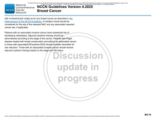 Version 4.2025 © 2025 National Comprehensive Cancer Network©
(NCCN©
), All rights reserved. NCCN Guidelines® and this illustration may not be reproduced in any form without the express written permission of NCCN.
NCCN Guidelines Version 4.2025
Breast Cancer
MS-78
with involved lymph nodes as for any breast cancer as described in the
initial sections of the NCCN Guidelines. A radiation boost should be
considered for the site of the resected NAC and any associated resected
cancer site, if applicable.
Patients with an associated invasive cancer have substantial risk of
developing metastases. Adjuvant systemic therapy should be
administered according to the stage of the cancer. Patients with Paget
disease treated with breast conservation and without an associated cancer
or those with associated ER-positive DCIS should consider tamoxifen for
risk reduction. Those with an associated invasive cancer should receive
adjuvant systemic therapy based on the stage and HR status.
PLEASE NOTE that use of this NCCN Content is governed by the End-User License Agreement, and you MAY NOT distribute this Content or use it with any artificial intelligence model or tool.
Printed by Kirushanth Kiru on 9/22/2025 11:08:38 PM. Copyright © 2025 National Comprehensive Cancer Network, Inc. All Rights Reserved.
 