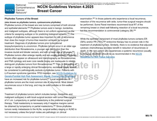 Version 4.2025 © 2025 National Comprehensive Cancer Network©
(NCCN©
), All rights reserved. NCCN Guidelines® and this illustration may not be reproduced in any form without the express written permission of NCCN.
NCCN Guidelines Version 4.2025
Breast Cancer
MS-79
Phyllodes Tumors of the Breast
(also known as phyllodes tumors, cystosarcoma phyllodes)
Phyllodes tumors of the breast are rare tumors comprised of both stromal
and epithelial elements.658 Phyllodes tumors exist in benign, borderline,
and malignant subtypes, although there is not uniform agreement on the
criteria for assigning subtype or for predicting biological behavior.659
The
subtype of phyllodes tumor appears less important for risk of recurrence
than does the margin of tumor-free resection achieved by surgical
treatment. Diagnosis of phyllodes tumors prior to excisional
biopsy/lumpectomy is uncommon. Phyllodes tumors occur in an older age
distribution than fibroadenoma, a younger age distribution than the
invasive ductal and lobular cancers, and with a mean age of 40 years.660
Phyllodes tumors often enlarge rapidly and are usually painless. Phyllodes
tumors often appear on ultrasound and mammography as fibroadenomas,
and FNA cytology and even core needle biopsy are inadequate to reliably
distinguish phyllodes tumors from fibroadenomas.660
Thus, in the setting of
a large or rapidly enlarging clinical fibroadenoma, excisional biopsy should
be considered to pathologically exclude a phyllodes tumor. Patients with
Li-Fraumeni syndrome (germline TP53 mutation, see NCCN Guidelines for
Genetic/Familial High Risk Assessment: Breast, Ovarian, and Pancreatic)
have an increased risk for phyllodes tumors.661 Local recurrences of
phyllodes tumors are the most common site of recurrence. Most distant
recurrences occur in the lung, and may be solid nodules or thin-walled
cavities.
Treatment of phyllodes tumors (which includes benign, borderline, and
malignant subtypes) is with local surgical excision with tumor-free margins
of ≥1 cm. Lumpectomy or partial mastectomy is the preferred surgical
therapy. Total mastectomy is necessary only if negative margins cannot
be obtained by lumpectomy or partial mastectomy.662
Since phyllodes
tumors rarely metastasize to the ALNs, surgical axillary staging or ALND is
not necessary unless the lymph nodes are pathologic on clinical
examination.663
In those patients who experience a local recurrence,
resection of the recurrence with wide, tumor-free surgical margins should
be performed. Some Panel members recommend local RT of the
remaining breast or chest wall following resection of a local recurrence,
but this recommendation is controversial (category 2B).664
While the epithelial component of most phyllodes tumors contains ER
(58%) and/or PR (75%),665
endocrine therapy has no proven role in the
treatment of phyllodes tumors. Similarly, there is no evidence that adjuvant
cytotoxic chemotherapy provides benefit in reduction of recurrences or
death. In the rare patient who experiences a systemic recurrence (usually
in the lung), treatment should be as recommended in the NCCN
Guidelines for Soft Tissue Sarcoma.
PLEASE NOTE that use of this NCCN Content is governed by the End-User License Agreement, and you MAY NOT distribute this Content or use it with any artificial intelligence model or tool.
Printed by Kirushanth Kiru on 9/22/2025 11:08:38 PM. Copyright © 2025 National Comprehensive Cancer Network, Inc. All Rights Reserved.
 