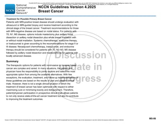 Version 4.2025 © 2025 National Comprehensive Cancer Network©
(NCCN©
), All rights reserved. NCCN Guidelines® and this illustration may not be reproduced in any form without the express written permission of NCCN.
NCCN Guidelines Version 4.2025
Breast Cancer
MS-86
Treatment for Possible Primary Breast Cancer
Patients with MRI-positive breast disease should undergo evaluation with
ultrasound or MRI-guided biopsy and receive treatment according to the
clinical stage of the breast cancer. Treatment recommendations for those
with MRI-negative disease are based on nodal status. For patients with
T0, N1, M0 disease, options include mastectomy plus axillary nodal
dissection or axillary nodal dissection plus whole breast irradiation with
or without nodal irradiation. Systemic chemotherapy, endocrine therapy,
or trastuzumab is given according to the recommendations for stage II or
III disease. Neoadjuvant chemotherapy, trastuzumab, and endocrine
therapy should be considered for patients with T0, N2–N3, M0 disease
followed by axillary nodal dissection and mastectomy as for patients with
locally advanced disease.
Summary
The therapeutic options for patients with noninvasive or invasive breast
cancer are complex and varied. In many situations, the patient and
physician have the responsibility to jointly explore and select the most
appropriate option from among the available alternatives. With few
exceptions, the evaluation, treatment, and follow-up recommendations in
these guidelines are based on the results of past and present clinical
trials. However, there is not a single clinical situation in which the
treatment of breast cancer has been optimized with respect to either
maximizing cure or minimizing toxicity and disfigurement. Therefore,
patient/physician participation in prospective clinical trials allows patients
to not only receive state-of-the-art cancer treatment but also to contribute
to improving the treatment outcomes.
PLEASE NOTE that use of this NCCN Content is governed by the End-User License Agreement, and you MAY NOT distribute this Content or use it with any artificial intelligence model or tool.
Printed by Kirushanth Kiru on 9/22/2025 11:08:38 PM. Copyright © 2025 National Comprehensive Cancer Network, Inc. All Rights Reserved.
 