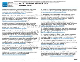 Version 4.2025 © 2025 National Comprehensive Cancer Network©
(NCCN©
), All rights reserved. NCCN Guidelines® and this illustration may not be reproduced in any form without the express written permission of NCCN.
NCCN Guidelines Version 4.2025
Breast Cancer
MS-91
59. Effects of chemotherapy and hormonal therapy for early breast
cancer on recurrence and 15-year survival: an overview of the
randomised trials. Lancet 2005;365:1687-1717. Available at:
http://www.ncbi.nlm.nih.gov/pubmed/15894097.
60. Allred DC, Anderson SJ, Paik S, et al. Adjuvant tamoxifen reduces
subsequent breast cancer in women with estrogen receptor-positive
ductal carcinoma in situ: a study based on NSABP protocol B-24. J Clin
Oncol 2012;30:1268-1273. Available at:
https://www.ncbi.nlm.nih.gov/pubmed/22393101.
61. DeCensi A, Puntoni M, Guerrieri-Gonzaga A, et al. Randomized
placebo controlled trial of low-dose tamoxifen to prevent local and
contralateral recurrence in breast intraepithelial neoplasia. J Clin Oncol
2019;37:1629-1637. Available at:
https://www.ncbi.nlm.nih.gov/pubmed/30973790.
62. Forbes JF, Sestak I, Howell A, et al. Anastrozole versus tamoxifen
for the prevention of locoregional and contralateral breast cancer in
postmenopausal women with locally excised ductal carcinoma in situ
(IBIS-II DCIS): a double-blind, randomised controlled trial. Lancet 2015.
Available at: http://www.ncbi.nlm.nih.gov/pubmed/26686313.
63. Margolese RG, Cecchini RS, Julian TB, et al. Anastrozole versus
tamoxifen in postmenopausal women with ductal carcinoma in situ
undergoing lumpectomy plus radiotherapy (NSABP B-35): a randomised,
double-blind, phase 3 clinical trial. Lancet 2015. Available at:
http://www.ncbi.nlm.nih.gov/pubmed/26686957.
64. Louie RJ, Tonneson JE, Gowarty M, et al. Complete blood counts,
liver function tests, and chest x-rays as routine screening in early-stage
breast cancer: value added or just cost? Breast Cancer Res Treat 2015.
Available at: http://www.ncbi.nlm.nih.gov/pubmed/26467045.
65. Esserman L. Integration of imaging in the management of breast
cancer. J Clin Oncol 2005;23:1601-1602. Available at:
http://www.ncbi.nlm.nih.gov/pubmed/15755961.
66. Gundry KR. The application of breast MRI in staging and screening
for breast cancer. Oncology (Williston Park) 2005;19:159-169. Available
at: http://www.ncbi.nlm.nih.gov/pubmed/15770888.
67. Houssami N, Ciatto S, Macaskill P, et al. Accuracy and surgical
impact of magnetic resonance imaging in breast cancer staging:
systematic review and meta-analysis in detection of multifocal and
multicentric cancer. J Clin Oncol 2008;26:3248-3258. Available at:
http://www.ncbi.nlm.nih.gov/pubmed/18474876.
68. Weber JJ, Bellin LS, Milbourn DE, et al. Selective preoperative
magnetic resonance imaging in women with breast cancer: no reduction
in the reoperation rate. Arch Surg 2012;147:834-839. Available at:
http://www.ncbi.nlm.nih.gov/pubmed/22987175.
69. Feigelson HS, James TA, Single RM, et al. Factors associated with
the frequency of initial total mastectomy: results of a multi-institutional
study. J Am Coll Surg 2013;216:966-975. Available at:
http://www.ncbi.nlm.nih.gov/pubmed/23490543.
70. Katipamula R, Degnim AC, Hoskin T, et al. Trends in mastectomy
rates at the Mayo Clinic Rochester: effect of surgical year and
preoperative magnetic resonance imaging. J Clin Oncol 2009;27:4082-
4088. Available at: http://www.ncbi.nlm.nih.gov/pubmed/19636020.
71. Sorbero ME, Dick AW, Beckjord EB, Ahrendt G. Diagnostic breast
magnetic resonance imaging and contralateral prophylactic mastectomy.
Ann Surg Oncol 2009;16:1597-1605. Available at:
http://www.ncbi.nlm.nih.gov/pubmed/19330381.
72. Miller BT, Abbott AM, Tuttle TM. The influence of preoperative MRI
on breast cancer treatment. Ann Surg Oncol 2012;19:536-540. Available
at: http://www.ncbi.nlm.nih.gov/pubmed/21751044.
73. Peters NH, van Esser S, van den Bosch MA, et al. Preoperative MRI
and surgical management in patients with nonpalpable breast cancer:
the MONET - randomised controlled trial. Eur J Cancer 2011;47:879-
886. Available at: http://www.ncbi.nlm.nih.gov/pubmed/21195605.
PLEASE NOTE that use of this NCCN Content is governed by the End-User License Agreement, and you MAY NOT distribute this Content or use it with any artificial intelligence model or tool.
Printed by Kirushanth Kiru on 9/22/2025 11:08:38 PM. Copyright © 2025 National Comprehensive Cancer Network, Inc. All Rights Reserved.
 