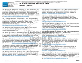 Version 4.2025 © 2025 National Comprehensive Cancer Network©
(NCCN©
), All rights reserved. NCCN Guidelines® and this illustration may not be reproduced in any form without the express written permission of NCCN.
NCCN Guidelines Version 4.2025
Breast Cancer
MS-98
160. Boughey JC, Ballman KV, Le-Petross HT, et al. Identification and
resection of clipped node decreases the false-negative rate of sentinel
lymph node surgery in patients presenting with node-positive breast
bancer (T0-T4, N1-N2) who receive neoadjuvant chemotherapy: results
from ACOSOG Z1071 (Alliance). Ann Surg 2016;263:802-807. Available
at: https://www.ncbi.nlm.nih.gov/pubmed/26649589.
161. Caudle AS, Yang WT, Krishnamurthy S, et al. Improved axillary
evaluation following neoadjuvant therapy for patients with node-positive
breast cancer using selective evaluation of clipped nodes:
Implementation of targeted axillary dissection. J Clin Oncol
2016;34:1072-1078. Available at:
http://www.ncbi.nlm.nih.gov/pubmed/26811528.
162. American Joint Committee on Cancer (AJCC) Cancer staging
manual, Seventh Edition (2010) published by Springer
Science+Business Media, LLC
163. Rocha RD, Girardi AR, Pinto RR, de Freitas VA. Axillary ultrasound
and fine-needle aspiration in preoperative staging of axillary lymph nodes
in patients with invasive breast cancer. Radiol Bras 2015;48:345-352.
Available at: http://www.ncbi.nlm.nih.gov/pubmed/26811550.
164. Mulliez T, Veldeman L, van Greveling A, et al. Hypofractionated
whole breast irradiation for patients with large breasts: a randomized trial
comparing prone and supine positions. Radiother Oncol 2013;108:203-
208. Available at: http://www.ncbi.nlm.nih.gov/pubmed/24044803.
165. Antonini N, Jones H, Horiot JC, et al. Effect of age and radiation
dose on local control after breast conserving treatment: EORTC trial
22881-10882. Radiother Oncol 2007;82:265-271. Available at:
http://www.ncbi.nlm.nih.gov/pubmed/17126434.
166. Bartelink H, Horiot JC, Poortmans P, et al. Recurrence rates after
treatment of breast cancer with standard radiotherapy with or without
additional radiation. N Engl J Med 2001;345:1378-1387. Available at:
http://www.ncbi.nlm.nih.gov/pubmed/11794170.
167. Pignol JP, Olivotto I, Rakovitch E, et al. A multicenter randomized
trial of breast intensity-modulated radiation therapy to reduce acute
radiation dermatitis. J Clin Oncol 2008;26:2085-2092. Available at:
http://www.ncbi.nlm.nih.gov/pubmed/18285602.
168. Mukesh MB, Barnett GC, Wilkinson JS, et al. Randomized
controlled trial of intensity-modulated radiotherapy for early breast
cancer: 5-year results confirm superior overall cosmesis. J Clin Oncol
2013;31:4488-4495. Available at:
http://www.ncbi.nlm.nih.gov/pubmed/24043742.
169. Group ST, Bentzen SM, Agrawal RK, et al. The UK Standardisation
of Breast Radiotherapy (START) Trial B of radiotherapy
hypofractionation for treatment of early breast cancer: a randomised trial.
Lancet 2008;371:1098-1107. Available at:
http://www.ncbi.nlm.nih.gov/pubmed/18355913.
170. Group ST, Bentzen SM, Agrawal RK, et al. The UK Standardisation
of Breast Radiotherapy (START) Trial A of radiotherapy
hypofractionation for treatment of early breast cancer: a randomised trial.
Lancet Oncol 2008;9:331-341. Available at:
http://www.ncbi.nlm.nih.gov/pubmed/18356109.
171. Owen JR, Ashton A, Bliss JM, et al. Effect of radiotherapy fraction
size on tumour control in patients with early-stage breast cancer after
local tumour excision: long-term results of a randomised trial. Lancet
Oncol 2006;7:467-471. Available at:
http://www.ncbi.nlm.nih.gov/pubmed/16750496.
172. Whelan TJ, Pignol JP, Levine MN, et al. Long-term results of
hypofractionated radiation therapy for breast cancer. N Engl J Med
2010;362:513-520. Available at:
http://www.ncbi.nlm.nih.gov/pubmed/20147717.
173. Haviland JS, Owen JR, Dewar JA, et al. The UK Standardisation of
Breast Radiotherapy (START) trials of radiotherapy hypofractionation for
treatment of early breast cancer: 10-year follow-up results of two
randomised controlled trials. Lancet Oncol 2013;14:1086-1094. Available
at: http://www.ncbi.nlm.nih.gov/pubmed/24055415.
PLEASE NOTE that use of this NCCN Content is governed by the End-User License Agreement, and you MAY NOT distribute this Content or use it with any artificial intelligence model or tool.
Printed by Kirushanth Kiru on 9/22/2025 11:08:38 PM. Copyright © 2025 National Comprehensive Cancer Network, Inc. All Rights Reserved.
 