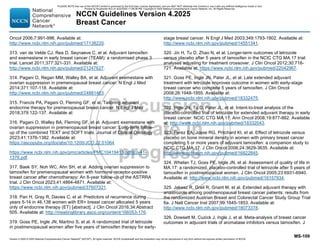 Version 4.2025 © 2025 National Comprehensive Cancer Network©
(NCCN©
), All rights reserved. NCCN Guidelines® and this illustration may not be reproduced in any form without the express written permission of NCCN.
NCCN Guidelines Version 4.2025
Breast Cancer
MS-109
Oncol 2006;7:991-996. Available at:
http://www.ncbi.nlm.nih.gov/pubmed/17138220.
313. van de Velde CJ, Rea D, Seynaeve C, et al. Adjuvant tamoxifen
and exemestane in early breast cancer (TEAM): a randomised phase 3
trial. Lancet 2011;377:321-331. Available at:
http://www.ncbi.nlm.nih.gov/pubmed/21247627.
314. Pagani O, Regan MM, Walley BA, et al. Adjuvant exemestane with
ovarian suppression in premenopausal breast cancer. N Engl J Med
2014;371:107-118. Available at:
http://www.ncbi.nlm.nih.gov/pubmed/24881463.
315. Francis PA, Pagani O, Fleming GF, et al. Tailoring adjuvant
endocrine therapy for premenopausal breast cancer. N Engl J Med
2018;379:122-137. Available at:
316. Pagani O, Walley BA, Fleming GF, et al. Adjuvant exemestane with
ovarian suppression in premenopausal breast cancer: Long-term follow-
up of the combined TEXT and SOFT trials. Journal of Clinical Oncology
2023;41:1376-1382. Available at:
https://ascopubs.org/doi/abs/10.1200/JCO.22.01064
https://www.ncbi.nlm.nih.gov/pmc/articles/PMC10419413/pdf/jco-41-
1376.pdf.
317. Baek SY, Noh WC, Ahn SH, et al. Adding ovarian suppression to
tamoxifen for premenopausal women with hormone receptor-positive
breast cancer after chemotherapy: An 8-year follow-up of the ASTRRA
trial. J Clin Oncol 2023;41:4864-4871. Available at:
https://www.ncbi.nlm.nih.gov/pubmed/37607321.
318. Pan H, Gray R, Davies C, et al. Predictors of recurrence during
years 5-14 in 46,138 women with ER+ breast cancer allocated 5 years
only of endocrine therapy (ET) [abstract]. J Clin Oncol 2016;34:Abstract
505. Available at: http://meetinglibrary.asco.org/content/166053-176.
319. Goss PE, Ingle JN, Martino S, et al. A randomized trial of letrozole
in postmenopausal women after five years of tamoxifen therapy for early-
stage breast cancer. N Engl J Med 2003;349:1793-1802. Available at:
http://www.ncbi.nlm.nih.gov/pubmed/14551341.
320. Jin H, Tu D, Zhao N, et al. Longer-term outcomes of letrozole
versus placebo after 5 years of tamoxifen in the NCIC CTG MA.17 trial:
analyses adjusting for treatment crossover. J Clin Oncol 2012;30:718-
721. Available at: https://www.ncbi.nlm.nih.gov/pubmed/22042967.
321. Goss PE, Ingle JN, Pater JL, et al. Late extended adjuvant
treatment with letrozole improves outcome in women with early-stage
breast cancer who complete 5 years of tamoxifen. J Clin Oncol
2008;26:1948-1955. Available at:
http://www.ncbi.nlm.nih.gov/pubmed/18332475.
322. Ingle JN, Tu D, Pater JL, et al. Intent-to-treat analysis of the
placebo-controlled trial of letrozole for extended adjuvant therapy in early
breast cancer: NCIC CTG MA.17. Ann Oncol 2008;19:877-882. Available
at: http://www.ncbi.nlm.nih.gov/pubmed/18332043.
323. Perez EA, Josse RG, Pritchard KI, et al. Effect of letrozole versus
placebo on bone mineral density in women with primary breast cancer
completing 5 or more years of adjuvant tamoxifen: a companion study to
NCIC CTG MA.17. J Clin Oncol 2006;24:3629-3635. Available at:
http://www.ncbi.nlm.nih.gov/pubmed/16822845.
324. Whelan TJ, Goss PE, Ingle JN, et al. Assessment of quality of life in
MA.17: a randomized, placebo-controlled trial of letrozole after 5 years of
tamoxifen in postmenopausal women. J Clin Oncol 2005;23:6931-6940.
Available at: http://www.ncbi.nlm.nih.gov/pubmed/16157934.
325. Jakesz R, Greil R, Gnant M, et al. Extended adjuvant therapy with
anastrozole among postmenopausal breast cancer patients: results from
the randomized Austrian Breast and Colorectal Cancer Study Group Trial
6a. J Natl Cancer Inst 2007;99:1845-1853. Available at:
http://www.ncbi.nlm.nih.gov/pubmed/18073378.
326. Dowsett M, Cuzick J, Ingle J, et al. Meta-analysis of breast cancer
outcomes in adjuvant trials of aromatase inhibitors versus tamoxifen. J
PLEASE NOTE that use of this NCCN Content is governed by the End-User License Agreement, and you MAY NOT distribute this Content or use it with any artificial intelligence model or tool.
Printed by Kirushanth Kiru on 9/22/2025 11:08:38 PM. Copyright © 2025 National Comprehensive Cancer Network, Inc. All Rights Reserved.
 
