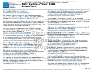 Version 4.2025 © 2025 National Comprehensive Cancer Network©
(NCCN©
), All rights reserved. NCCN Guidelines® and this illustration may not be reproduced in any form without the express written permission of NCCN.
NCCN Guidelines Version 4.2025
Breast Cancer
MS-110
Clin Oncol 2010;28:509-518. Available at:
http://www.ncbi.nlm.nih.gov/pubmed/19949017.
327. Goss PE, Ingle JN, Pritchard KI, et al. Extending aromatase-
inhibitor adjuvant therapy to 10 years. N Engl J Med 2016;375:209-219.
Available at: http://www.ncbi.nlm.nih.gov/pubmed/27264120.
328. Del Mastro L, Mansutti M, Bisagni G, et al. Extended therapy with
letrozole as adjuvant treatment of postmenopausal patients with early-
stage breast cancer: a multicentre, open-label, randomised, phase 3 trial.
Lancet Oncol 2021;22:1458-1467. Available at:
329. Gnant M, Fitzal F, Rinnerthaler G, et al. Duration of adjuvant
aromatase-inhibitor therapy in postmenopausal breast cancer. N Engl J
Med 2021;385:395-405. Available at:
https://www.ncbi.nlm.nih.gov/pubmed/34320285.
330. Smith IE, Dowsett M, Yap Y-S, et al. Adjuvant aromatase inhibitors
for early breast cancer after chemotherapy-induced amenorrhoea:
caution and suggested guidelines. J Clin Oncol 2006;24:2444-2447.
Available at: http://www.ncbi.nlm.nih.gov/pubmed/16735701.
331. Yu B, Douglas N, Ferin MJ, et al. Changes in markers of ovarian
reserve and endocrine function in young women with breast cancer
undergoing adjuvant chemotherapy. Cancer 2010;116:2099-2105.
Available at: http://www.ncbi.nlm.nih.gov/pubmed/20187091.
332. Loprinzi CL, Kugler JW, Sloan JA, et al. Venlafaxine in
management of hot flashes in survivors of breast cancer: a randomised
controlled trial. Lancet 2000;356:2059-2063. Available at:
http://www.ncbi.nlm.nih.gov/pubmed/11145492.
333. Boekhout AH, Vincent AD, Dalesio OB, et al. Management of hot
flashes in patients who have breast cancer with venlafaxine and
clonidine: a randomized, double-blind, placebo-controlled trial. J Clin
Oncol 2011;29:3862-3868. Available at:
http://www.ncbi.nlm.nih.gov/pubmed/21911720.
334. Kaplan M, Mahon S, Cope D, et al. Putting evidence into practice:
evidence-based interventions for hot flashes resulting from cancer
therapies. Clin J Oncol Nurs 2011;15:149-157. Available at:
http://www.ncbi.nlm.nih.gov/pubmed/21444282.
335. Bordeleau L, Pritchard KI, Loprinzi CL, et al. Multicenter,
randomized, cross-over clinical trial of venlafaxine versus gabapentin for
the management of hot flashes in breast cancer survivors. J Clin Oncol
2010;28:5147-5152. Available at:
http://www.ncbi.nlm.nih.gov/pubmed/21060031.
336. Garber K. Tamoxifen pharmacogenetics moves closer to reality. J
Natl Cancer Inst 2005;97:412-413. Available at:
http://www.ncbi.nlm.nih.gov/pubmed/15770000.
337. Jin Y, Desta Z, Stearns V, et al. CYP2D6 genotype, antidepressant
use, and tamoxifen metabolism during adjuvant breast cancer treatment.
J Natl Cancer Inst 2005;97:30-39. Available at:
http://www.ncbi.nlm.nih.gov/pubmed/15632378.
338. Henry NL, Stearns V, Flockhart DA, et al. Drug interactions and
pharmacogenomics in the treatment of breast cancer and depression.
Am J Psychiatry 2008;165:1251-1255. Available at:
http://www.ncbi.nlm.nih.gov/pubmed/18829880.
339. Ahern TP, Pedersen L, Cronin-Fenton DP, et al. No increase in
breast cancer recurrence with concurrent use of tamoxifen and some
CYP2D6-inhibiting medications. Cancer Epidemiol Biomarkers Prev
2009;18:2562-2564. Available at:
http://www.ncbi.nlm.nih.gov/pubmed/19690182.
340. Schroth W, Goetz MP, Hamann U, et al. Association between
CYP2D6 polymorphisms and outcomes among women with early stage
breast cancer treated with tamoxifen. JAMA 2009;302:1429-1436.
Available at: http://www.ncbi.nlm.nih.gov/pubmed/19809024.
341. Regan MM, Leyland-Jones B, Bouzyk M, et al. CYP2D6 genotype
and tamoxifen response in postmenopausal women with endocrine-
PLEASE NOTE that use of this NCCN Content is governed by the End-User License Agreement, and you MAY NOT distribute this Content or use it with any artificial intelligence model or tool.
Printed by Kirushanth Kiru on 9/22/2025 11:08:38 PM. Copyright © 2025 National Comprehensive Cancer Network, Inc. All Rights Reserved.
 