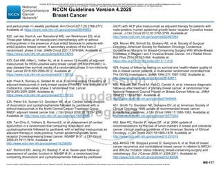 Version 4.2025 © 2025 National Comprehensive Cancer Network©
(NCCN©
), All rights reserved. NCCN Guidelines® and this illustration may not be reproduced in any form without the express written permission of NCCN.
NCCN Guidelines Version 4.2025
Breast Cancer
MS-117
and pertuzumab +/- weekly paclitaxel. Ann Oncol 2017;28:2768-2772.
Available at: https://www.ncbi.nlm.nih.gov/pubmed/28945833.
422. van der Voort A, van Ramshorst MS, van Werkhoven ED, et al.
Three-year follow-up of neoadjuvant chemotherapy with or without
anthracyclines in the presence of dual erbb2 blockade in patients with
erbb2-positive breast cancer: A secondary analysis of the train-2
randomized, phase 3 trial. JAMA Oncol 2021;7:978-984. Available at:
https://www.ncbi.nlm.nih.gov/pubmed/34014249.
423. Earl HM, Hiller L, Vallier AL, et al. 6 versus 12 months of adjuvant
trastuzumab for HER2-positive early breast cancer (PERSEPHONE): 4-
year disease-free survival results of a randomised phase 3 non-inferiority
trial. Lancet 2019;393:2599-2612. Available at:
https://www.ncbi.nlm.nih.gov/pubmed/31178152.
424. Pivot X, Romieu G, Debled M, et al. 6 months versus 12 months of
adjuvant trastuzumab in early breast cancer (PHARE): final analysis of a
multicentre, open-label, phase 3 randomised trial. Lancet
2019;393:2591-2598. Available at:
https://www.ncbi.nlm.nih.gov/pubmed/31178155.
425. Perez EA, Suman VJ, Davidson NE, et al. Cardiac safety analysis
of doxorubicin and cyclophosphamide followed by paclitaxel with or
without trastuzumab in the North Central Cancer Treatment Group
N9831 adjuvant breast cancer trial. J Clin Oncol 2008;26:1231-1238.
Available at: http://www.ncbi.nlm.nih.gov/pubmed/18250349.
426. Tan-Chiu E, Yothers G, Romond E, et al. Assessment of cardiac
dysfunction in a randomized trial comparing doxorubicin and
cyclophosphamide followed by paclitaxel, with or without trastuzumab as
adjuvant therapy in node-positive, human epidermal growth factor
receptor 2-overexpressing breast cancer: NSABP B-31. J Clin Oncol
2005;23:7811-7819. Available at:
http://www.ncbi.nlm.nih.gov/pubmed/16258083.
427. Romond EH, Jeong JH, Rastogi P, et al. Seven-year follow-up
assessment of cardiac function in NSABP B-31, a randomized trial
comparing doxorubicin and cyclophosphamide followed by paclitaxel
(ACP) with ACP plus trastuzumab as adjuvant therapy for patients with
node-positive, human epidermal growth factor receptor 2-positive breast
cancer. J Clin Oncol 2012;30:3792-3799. Available at:
http://www.ncbi.nlm.nih.gov/pubmed/22987084.
428. Moran MS, Schnitt SJ, Giuliano AE, et al. Society of Surgical
Oncology–American Society for Radiation Oncology Consensus
Guideline on Margins for Breast-Conserving Surgery With Whole-Breast
Irradiation in Stages I and II Invasive Breast Cancer. Int J Radiat Oncol
Biol Phys 2014;88:553-564. Available at:
https://doi.org/10.1016/j.ijrobp.2013.11.012.
429. Impact of follow-up testing on survival and health-related quality of
life in breast cancer patients. A multicenter randomized controlled trial.
The GIVIO Investigators. JAMA 1994;271:1587-1592. Available at:
http://www.ncbi.nlm.nih.gov/pubmed/8182811.
430. Rosselli Del Turco M, Palli D, Cariddi A, et al. Intensive diagnostic
follow-up after treatment of primary breast cancer. A randomized trial.
National Research Council Project on Breast Cancer follow-up. JAMA
1994;271:1593-1597. Available at:
http://www.ncbi.nlm.nih.gov/pubmed/7848404.
431. Smith TJ, Davidson NE, Schapira DV, et al. American Society of
Clinical Oncology 1998 update of recommended breast cancer
surveillance guidelines. J Clin Oncol 1999;17:1080-1082. Available at:
http://www.ncbi.nlm.nih.gov/pubmed/10071303.
432. Bast RC, Ravdin P, Hayes DF, et al. 2000 update of
recommendations for the use of tumor markers in breast and colorectal
cancer: clinical practice guidelines of the American Society of Clinical
Oncology. J Clin Oncol 2001;19:1865-1878. Available at:
http://www.ncbi.nlm.nih.gov/pubmed/11251019.
433. Kirova YM, Stoppa-Lyonnet D, Savignoni A, et al. Risk of breast
cancer recurrence and contralateral breast cancer in relation to BRCA1
and BRCA2 mutation status following breast-conserving surgery and
radiotherapy. Eur J Cancer 2005;41:2304-2311. Available at:
http://www.ncbi.nlm.nih.gov/pubmed/16140006.
PLEASE NOTE that use of this NCCN Content is governed by the End-User License Agreement, and you MAY NOT distribute this Content or use it with any artificial intelligence model or tool.
Printed by Kirushanth Kiru on 9/22/2025 11:08:38 PM. Copyright © 2025 National Comprehensive Cancer Network, Inc. All Rights Reserved.
 