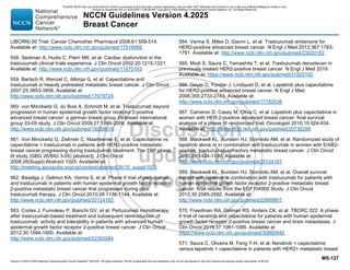 Version 4.2025 © 2025 National Comprehensive Cancer Network©
(NCCN©
), All rights reserved. NCCN Guidelines® and this illustration may not be reproduced in any form without the express written permission of NCCN.
NCCN Guidelines Version 4.2025
Breast Cancer
MS-127
(JBCRN) 00 Trial. Cancer Chemother Pharmacol 2008;61:509-514.
Available at: http://www.ncbi.nlm.nih.gov/pubmed/17516068.
558. Seidman A, Hudis C, Pierri MK, et al. Cardiac dysfunction in the
trastuzumab clinical trials experience. J Clin Oncol 2002;20:1215-1221.
Available at: http://www.ncbi.nlm.nih.gov/pubmed/11870163.
559. Bartsch R, Wenzel C, Altorjai G, et al. Capecitabine and
trastuzumab in heavily pretreated metastatic breast cancer. J Clin Oncol
2007;25:3853-3858. Available at:
http://www.ncbi.nlm.nih.gov/pubmed/17679724.
560. von Minckwitz G, du Bois A, Schmidt M, et al. Trastuzumab beyond
progression in human epidermal growth factor receptor 2-positive
advanced breast cancer: a german breast group 26/breast international
group 03-05 study. J Clin Oncol 2009;27:1999-2006. Available at:
http://www.ncbi.nlm.nih.gov/pubmed/19289619.
561. Von Minckwitz G, Zielinski C, Maarteense E, et al. Capecitabine vs.
capecitabine + trastuzumab in patients with HER2-positive metastatic
breast cancer progressing during trastuzumab treatment: The TBP phase
III study (GBG 26/BIG 3-05) [abstract]. J Clin Oncol
2008;26(Suppl):Abstract 1025. Available at:
http://meeting.ascopubs.org/cgi/content/abstract/26/15_suppl/1025.
562. Baselga J, Gelmon KA, Verma S, et al. Phase II trial of pertuzumab
and trastuzumab in patients with human epidermal growth factor receptor
2-positive metastatic breast cancer that progressed during prior
trastuzumab therapy. J Clin Oncol 2010;28:1138-1144. Available at:
http://www.ncbi.nlm.nih.gov/pubmed/20124182.
563. Cortes J, Fumoleau P, Bianchi GV, et al. Pertuzumab monotherapy
after trastuzumab-based treatment and subsequent reintroduction of
trastuzumab: activity and tolerability in patients with advanced human
epidermal growth factor receptor 2-positive breast cancer. J Clin Oncol
2012;30:1594-1600. Available at:
http://www.ncbi.nlm.nih.gov/pubmed/22393084.
564. Verma S, Miles D, Gianni L, et al. Trastuzumab emtansine for
HER2-positive advanced breast cancer. N Engl J Med 2012;367:1783-
1791. Available at: http://www.ncbi.nlm.nih.gov/pubmed/23020162.
565. Modi S, Saura C, Yamashita T, et al. Trastuzumab deruxtecan in
previously treated HER2-positive breast cancer. N Engl J Med 2019.
Available at: https://www.ncbi.nlm.nih.gov/pubmed/31825192.
566. Geyer C, Forster J, Lindquist D, et al. Lapatinib plus capecitabine
for HER2-positive advanced breast cancer. N Engl J Med
2006;355:2733-2743. Available at:
http://www.ncbi.nlm.nih.gov/pubmed/17192538.
567. Cameron D, Casey M, Oliva C, et al. Lapatinib plus capecitabine in
women with HER-2-positive advanced breast cancer: final survival
analysis of a phase III randomized trial. Oncologist 2010;15:924-934.
Available at: http://www.ncbi.nlm.nih.gov/pubmed/20736298.
568. Blackwell KL, Burstein HJ, Storniolo AM, et al. Randomized study of
lapatinib alone or in combination with trastuzumab in women with ErbB2-
positive, trastuzumab-refractory metastatic breast cancer. J Clin Oncol
2010;28:1124-1130. Available at:
http://www.ncbi.nlm.nih.gov/pubmed/20124187.
569. Blackwell KL, Burstein HJ, Storniolo AM, et al. Overall survival
benefit with lapatinib in combination with trastuzumab for patients with
human epidermal growth factor receptor 2-positive metastatic breast
cancer: final results from the EGF104900 Study. J Clin Oncol
2012;30:2585-2592. Available at:
http://www.ncbi.nlm.nih.gov/pubmed/22689807.
570. Freedman RA, Gelman RS, Anders CK, et al. TBCRC 022: A phase
II trial of neratinib and capecitabine for patients with human epidermal
growth factor receptor 2-positive breast cancer and brain metastases. J
Clin Oncol 2019;37:1081-1089. Available at:
https://www.ncbi.nlm.nih.gov/pubmed/30860945.
571. Saura C, Oliveira M, Feng Y-H, et al. Neratinib + capecitabine
versus lapatinib + capecitabine in patients with HER2+ metastatic breast
PLEASE NOTE that use of this NCCN Content is governed by the End-User License Agreement, and you MAY NOT distribute this Content or use it with any artificial intelligence model or tool.
Printed by Kirushanth Kiru on 9/22/2025 11:08:38 PM. Copyright © 2025 National Comprehensive Cancer Network, Inc. All Rights Reserved.
 