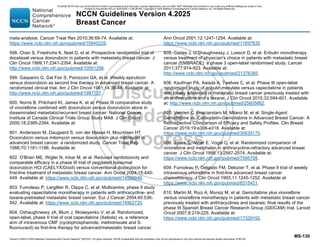 Version 4.2025 © 2025 National Comprehensive Cancer Network©
(NCCN©
), All rights reserved. NCCN Guidelines® and this illustration may not be reproduced in any form without the express written permission of NCCN.
NCCN Guidelines Version 4.2025
Breast Cancer
MS-130
meta-analysis. Cancer Treat Rev 2010;36:69-74. Available at:
https://www.ncbi.nlm.nih.gov/pubmed/19945225.
598. Chan S, Friedrichs K, Noel D, et al. Prospective randomized trial of
docetaxel versus doxorubicin in patients with metastatic breast cancer. J
Clin Oncol 1999;17:2341-2354. Available at:
http://www.ncbi.nlm.nih.gov/pubmed/10561296.
599. Gasparini G, Dal Fior S, Panizzoni GA, et al. Weekly epirubicin
versus doxorubicin as second line therapy in advanced breast cancer. A
randomized clinical trial. Am J Clin Oncol 1991;14:38-44. Available at:
http://www.ncbi.nlm.nih.gov/pubmed/1987737.
600. Norris B, Pritchard KI, James K, et al. Phase III comparative study
of vinorelbine combined with doxorubicin versus doxorubicin alone in
disseminated metastatic/recurrent breast cancer: National Cancer
Institute of Canada Clinical Trials Group Study MA8. J Clin Oncol
2000;18:2385-2394. Available at:
601. Andersson M, Daugaard S, von der Maase H, Mouridsen HT.
Doxorubicin versus mitomycin versus doxorubicin plus mitomycin in
advanced breast cancer: a randomized study. Cancer Treat Rep
1986;70:1181-1186. Available at:
602. O'Brien ME, Wigler N, Inbar M, et al. Reduced cardiotoxicity and
comparable efficacy in a phase III trial of pegylated liposomal
doxorubicin HCl (CAELYX/Doxil) versus conventional doxorubicin for
first-line treatment of metastatic breast cancer. Ann Oncol 2004;15:440-
449. Available at: https://www.ncbi.nlm.nih.gov/pubmed/14998846.
603. Fumoleau P, Largillier R, Clippe C, et al. Multicentre, phase II study
evaluating capecitabine monotherapy in patients with anthracycline- and
taxane-pretreated metastatic breast cancer. Eur J Cancer 2004;40:536-
542. Available at: https://www.ncbi.nlm.nih.gov/pubmed/14962720.
604. Oshaughnessy JA, Blum J, Moiseyenko V, et al. Randomized,
open-label, phase II trial of oral capecitabine (Xeloda) vs. a reference
arm of intravenous CMF (cyclophosphamide, methotrexate and 5-
fluorouracil) as first-line therapy for advanced/metastatic breast cancer.
Ann Oncol 2001;12:1247-1254. Available at:
https://www.ncbi.nlm.nih.gov/pubmed/11697835.
605. Cortes J, O'Shaughnessy J, Loesch D, et al. Eribulin monotherapy
versus treatment of physician's choice in patients with metastatic breast
cancer (EMBRACE): a phase 3 open-label randomised study. Lancet
2011;377:914-923. Available at:
http://www.ncbi.nlm.nih.gov/pubmed/21376385.
606. Kaufman PA, Awada A, Twelves C, et al. Phase III open-label
randomized study of eribulin mesylate versus capecitabine in patients
with locally advanced or metastatic breast cancer previously treated with
an anthracycline and a taxane. J Clin Oncol 2015;33:594-601. Available
at: http://www.ncbi.nlm.nih.gov/pubmed/25605862.
607. Vernieri C, Prisciandaro M, Milano M, et al. Single-Agent
Gemcitabine vs. Carboplatin-Gemcitabine in Advanced Breast Cancer: A
Retrospective Comparison of Efficacy and Safety Profiles. Clin Breast
Cancer 2019;19:e306-e318. Available at:
https://www.ncbi.nlm.nih.gov/pubmed/30635175.
608. Jones S, Winer E, Vogel C, et al. Randomized comparison of
vinorelbine and melphalan in anthracycline-refractory advanced breast
cancer. J Clin Oncol 1995;13:2567-2574. Available at:
https://www.ncbi.nlm.nih.gov/pubmed/7595708.
609. Fumoleau P, Delgado FM, Delozier T, et al. Phase II trial of weekly
intravenous vinorelbine in first-line advanced breast cancer
chemotherapy. J Clin Oncol 1993;11:1245-1252. Available at:
https://www.ncbi.nlm.nih.gov/pubmed/8315421.
610. Martin M, Ruiz A, Munoz M, et al. Gemcitabine plus vinorelbine
versus vinorelbine monotherapy in patients with metastatic breast cancer
previously treated with anthracyclines and taxanes: final results of the
phase III Spanish Breast Cancer Research Group (GEICAM) trial. Lancet
Oncol 2007;8:219-225. Available at:
https://www.ncbi.nlm.nih.gov/pubmed/17329192.
PLEASE NOTE that use of this NCCN Content is governed by the End-User License Agreement, and you MAY NOT distribute this Content or use it with any artificial intelligence model or tool.
Printed by Kirushanth Kiru on 9/22/2025 11:08:38 PM. Copyright © 2025 National Comprehensive Cancer Network, Inc. All Rights Reserved.
 