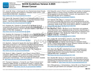 Version 4.2025 © 2025 National Comprehensive Cancer Network©
(NCCN©
), All rights reserved. NCCN Guidelines® and this illustration may not be reproduced in any form without the express written permission of NCCN.
NCCN Guidelines Version 4.2025
Breast Cancer
MS-131
611. Jones SE, Erban J, Overmoyer B, et al. Randomized phase III study
of docetaxel compared with paclitaxel in metastatic breast cancer. J Clin
Oncol 2005;23:5542-5551. Available at:
https://www.ncbi.nlm.nih.gov/pubmed/16110015.
612. Ibrahim NK, Samuels B, Page R, et al. Multicenter phase II trial of
ABI-007, an albumin-bound paclitaxel, in women with metastatic breast
cancer. J Clin Oncol 2005;23:6019-6026. Available at:
https://www.ncbi.nlm.nih.gov/pubmed/16135470.
613. Gradishar WJ, Tjulandin S, Davidson N, et al. Phase III trial of
nanoparticle albumin-bound paclitaxel compared with polyethylated
castor oil-based paclitaxel in women with breast cancer. J Clin Oncol
2005;23:7794-7803. Available at:
http://www.ncbi.nlm.nih.gov/pubmed/16172456.
614. Gradishar WJ, Krasnojon D, Cheporov S, et al. Significantly longer
progression-free survival with nab-paclitaxel compared with docetaxel as
first-line therapy for metastatic breast cancer. J Clin Oncol
2009;27:3611-3619. Available at:
https://www.ncbi.nlm.nih.gov/pubmed/19470941.
615. Bastholt L, Dalmark M, Gjedde SB, et al. Dose-response
relationship of epirubicin in the treatment of postmenopausal patients
with metastatic breast cancer: a randomized study of epirubicin at four
different dose levels performed by the Danish Breast Cancer
Cooperative Group. J Clin Oncol 1996;14:1146-1155. Available at:
http://www.ncbi.nlm.nih.gov/pubmed/8648369.
616. Roche H, Yelle L, Cognetti F, et al. Phase II clinical trial of
ixabepilone (BMS-247550), an epothilone B analog, as first-line therapy
in patients with metastatic breast cancer previously treated with
anthracycline chemotherapy. J Clin Oncol 2007;25:3415-3420. Available
at: http://www.ncbi.nlm.nih.gov/pubmed/17606972.
617. Thomas E, Tabernero J, Fornier M, et al. Phase II clinical trial of
ixabepilone (BMS-247550), an epothilone B analog, in patients with
taxane-resistant metastatic breast cancer. J Clin Oncol 2007;25:3399-
3406. Available at: http://www.ncbi.nlm.nih.gov/pubmed/17606975.
618. Perez EA, Lerzo G, Pivot X, et al. Efficacy and safety of ixabepilone
(BMS-247550) in a phase II study of patients with advanced breast
cancer resistant to an anthracycline, a taxane, and capecitabine. J Clin
Oncol 2007;25:3407-3414. Available at:
http://www.ncbi.nlm.nih.gov/pubmed/17606974.
619. Nabholtz JM, Falkson C, Campos D, et al. Docetaxel and
doxorubicin compared with doxorubicin and cyclophosphamide as first-
line chemotherapy for metastatic breast cancer: results of a randomized,
multicenter, phase III trial. J Clin Oncol 2003;21:968-975. Available at:
https://www.ncbi.nlm.nih.gov/pubmed/12637459.
620. Biganzoli L, Cufer T, Bruning P, et al. Doxorubicin and paclitaxel
versus doxorubicin and cyclophosphamide as first-line chemotherapy in
metastatic breast cancer: The European Organization for Research and
Treatment of Cancer 10961 Multicenter Phase III Trial. J Clin Oncol
2002;20:3114-3121. Available at:
https://www.ncbi.nlm.nih.gov/pubmed/12118025.
621. Langley RE, Carmichael J, Jones AL, et al. Phase III trial of
epirubicin plus paclitaxel compared with epirubicin plus
cyclophosphamide as first-line chemotherapy for metastatic breast
cancer: United Kingdom National Cancer Research Institute trial AB01. J
Clin Oncol 2005;23:8322-8330. Available at:
http://www.ncbi.nlm.nih.gov/pubmed/16293863.
622. Albain KS, Nag SM, Calderillo-Ruiz G, et al. Gemcitabine plus
paclitaxel versus paclitaxel monotherapy in patients with metastatic
breast cancer and prior anthracycline treatment. J Clin Oncol
2008;26:3950-3957. Available at:
http://www.ncbi.nlm.nih.gov/pubmed/18711184.
623. Stockler MR, Harvey VJ, Francis PA, et al. Capecitabine versus
classical cyclophosphamide, methotrexate, and fluorouracil as first-line
chemotherapy for advanced breast cancer. J Clin Oncol 2011;29:4498-
4504. Available at: https://www.ncbi.nlm.nih.gov/pubmed/22025143.
624. O'Shaughnessy J, Schwartzberg L, Danso MA, et al. Phase III study
of iniparib plus gemcitabine and carboplatin versus gemcitabine and
PLEASE NOTE that use of this NCCN Content is governed by the End-User License Agreement, and you MAY NOT distribute this Content or use it with any artificial intelligence model or tool.
Printed by Kirushanth Kiru on 9/22/2025 11:08:38 PM. Copyright © 2025 National Comprehensive Cancer Network, Inc. All Rights Reserved.
 