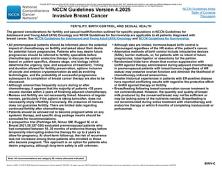 Version 4.2025, 4/17/25 © 2025 National Comprehensive Cancer Network®
(NCCN®
), All rights reserved. NCCN Guidelines®
and this illustration may not be reproduced in any form without the express written permission of NCCN.
Note: All recommendations are category 2A unless otherwise indicated.
NCCN Guidelines Version 4.2025
Invasive Breast Cancer
NCCN Guidelines Index
Table of Contents
Discussion
BINV-C
FERTILITY, BIRTH CONTROL, AND SEXUAL HEALTH
• All premenopausal patients should be informed about the potential
impact of chemotherapy on fertility and asked about their desire
for potential future pregnancies. Patients who may desire future
pregnancies should be referred to fertility specialists before
chemotherapy and/or endocrine therapy to discuss the options
based on patient specifics, disease stage, and biology (which
determine the urgency, type, and sequence of treatment). Timing
and duration allowed for fertility preservation, options inclusive
of oocyte and embryo cryopreservation as well as evolving
technologies, and the probability of successful pregnancies
subsequent to completion of breast cancer therapy are also to be
discussed.
• Although amenorrhea frequently occurs during or after
chemotherapy, it appears that the majority of patients 35 years
resume menses within 2 years of finishing adjuvant chemotherapy.
• Menses and fertility are not necessarily linked. Absence of regular
menses, particularly if the patient is taking tamoxifen, does not
necessarily imply infertility. Conversely, the presence of menses
does not guarantee fertility. There are limited data regarding
continued fertility after chemotherapy.
• Patients should be advised not to become pregnant while on any
systemic therapy, and specific drug package inserts should be
consulted for recommendations.
• A prospective trial (Partridge AH, Niman SM, Ruggeri M, et al.
Breast 2021;59:327-338) evaluated premenopausal patients who
had completed between 18–30 months of endocrine therapy before
temporarily interrupting endocrine therapy for up to 2 years to
allow for pregnancy. At short-term follow-up, the risk of recurrence
was not increased among those patients who enrolled or those
who became pregnant. This approach is an option for patients who
desire pregnancy, although long-term safety is still unknown.
• Although data are limited, hormone-based birth control is
discouraged regardless of the HR status of the patient's cancer.
• Alternative methods of birth control include intrauterine devices
(IUDs), barrier methods, or, for patients with no intent of future
pregnancies, tubal ligation or vasectomy for the partner.
• Randomized trials have shown that ovarian suppression with
GnRH agonist therapy administered during adjuvant chemotherapy
in premenopausal patients with breast tumors (regardless of HR
status) may preserve ovarian function and diminish the likelihood of
chemotherapy-induced amenorrhea.
• Smaller historical experiences in patients with ER-positive disease
have reported conflicting results with regard to the protective effect
of GnRH agonist therapy on fertility.
• Breastfeeding following breast-conservation cancer treatment is
not contraindicated. However, the quantity and quality of breast
milk produced by the conserved breast may not be sufficient or
may be lacking some of the nutrients needed. Breastfeeding is
not recommended during active treatment with chemotherapy and
endocrine therapy or within 6 months of completing trastuzumab or
pertuzumab.
The general considerations for fertility and sexual health/function outlined for specific populations in NCCN Guidelines for
Adolescent and Young Adult (AYA) Oncology and NCCN Guidelines for Survivorship are applicable to all patients diagnosed with
breast cancer. See NCCN Guidelines for Adolescent and Young Adult (AYA) Oncology and NCCN Guidelines for Survivorship.
PLEASE NOTE that use of this NCCN Content is governed by the End-User License Agreement, and you MAY NOT distribute this Content or use it with any artificial intelligence model or tool.
Printed by Kirushanth Kiru on 9/22/2025 11:08:38 PM. Copyright © 2025 National Comprehensive Cancer Network, Inc. All Rights Reserved.
 