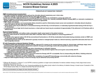 Version 4.2025, 4/17/25 © 2025 National Comprehensive Cancer Network®
(NCCN®
), All rights reserved. NCCN Guidelines®
and this illustration may not be reproduced in any form without the express written permission of NCCN.
Note: All recommendations are category 2A unless otherwise indicated.
NCCN Guidelines Version 4.2025
Invasive Breast Cancer
NCCN Guidelines Index
Table of Contents
Discussion
BINV-I
2 OF 3
PRINCIPLES OF RADIATION THERAPY
PMRT (including breast reconstruction)
• The target includes the ipsilateral chest wall and the clinically relevant mastectomy scar ± drain sites.
Regional nodal RT is typically delivered with the chest wall. See below.
• In the case of cT3N0, high-risk features for considering PMRT include, but are not limited to, young age and/or LVI.
• Based on anatomic considerations and presence of reconstruction, various 3-D-, intensity modulated radiation therapy [IMRT], or volumetric modulated arc
therapy (VMAT) techniques using photons and/or electrons are appropriate.
• PMRT details and dosing:
The routine use of bolus is not recommended. Bolus should be used for inflammatory breast cancer and considered in clinically relevant situations
where the dose to the skin may not be adequate.
Chest wall RT dose may be delivered in conventional dosing of 45–50.4 Gy in 25–28 fractions or moderately hypofractionated dosing of 40–42.5 Gy in
15–16 fractions.
In patients who are at high risk for local recurrence, a chest wall scar boost may be considered of approximately 10 Gy delivered in 4-5 fractions with or
without bolus.
Regional Nodal Radiation
• For supra/infra-clavicular and axillary nodes, prescription depth varies based on the patient anatomy.
• Regional nodes should be contoured when when RNI is indicated. Refer to breast atlases for contouring guidelines.e,f
• RT dosing:
RT doses to the regional nodes of 46–50 Gy (conventional fractionation) or 39–42 Gy (moderately fractionated) dosing schedules similar to PMRT and
whole breast may be considered.
A supplemental boost of RT can be delivered to grossly involved or enlarged lymph nodes (ie, internal mammary, supra/infra-clavicular) that have not
been surgically removed.
RT with Preoperative or Adjuvant Systemic Therapy
• In patients treated with preoperative systemic therapy, adjuvant RT is based on the maximal disease stage (ie, clinical stage, pathologic stage, tumor
characteristics) at diagnosis (before preoperative systemic therapy) and pathology results after preoperative systemic therapy.
• Sequencing of RT with systemic therapy:
It is common for RT to follow chemotherapy when chemotherapy is indicated. However,
– CMF (cyclophosphamide/methotrexate/fluorouracil) is the only standard regimen that can be given concurrently with RT.
– Capecitabine is typically given after completion of RT.
– Olaparib should be given after completion of RT.
Available data suggest that sequential or concurrent endocrine therapy with RT is acceptable. Due to compounding side effects, initiating endocrine
therapy at the completion of RT may be preferred.
◊ Abemaciclib or ribociclib should be initiated after completion of surgery/RT/chemotherapy, concurrently with endocrine therapy.
Adjuvant HER2-targeted therapy ± endocrine therapy may be delivered concurrently with RT.
e Offersen BV, Boersma LJ, Kirkove C, et al. ESTRO consensus guideline on target volume delineation for elective radiation therapy of early stage breast cancer.
Radiother Oncol 2015;114:3-10.
f Gentile MS, Usman AA, Neuschler EI, et al. Contouring guidelines for the axillary lymph nodes for the delivery of radiation therapy in breast cancer: Evaluation of the
RTOG Breast Cancer Atlas. Int J Radiat Oncol Biol Phys 2015;93:257-265.
PLEASE NOTE that use of this NCCN Content is governed by the End-User License Agreement, and you MAY NOT distribute this Content or use it with any artificial intelligence model or tool.
Printed by Kirushanth Kiru on 9/22/2025 11:08:38 PM. Copyright © 2025 National Comprehensive Cancer Network, Inc. All Rights Reserved.
 