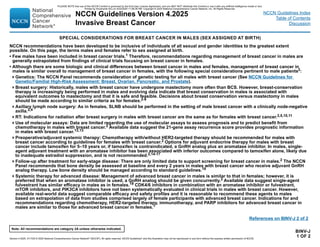 Version 4.2025, 4/17/25 © 2025 National Comprehensive Cancer Network®
(NCCN®
), All rights reserved. NCCN Guidelines®
and this illustration may not be reproduced in any form without the express written permission of NCCN.
Note: All recommendations are category 2A unless otherwise indicated.
NCCN Guidelines Version 4.2025
Invasive Breast Cancer
NCCN Guidelines Index
Table of Contents
Discussion
BINV-J
1 OF 2
SPECIAL CONSIDERATIONS FOR BREAST CANCER IN MALES (SEX ASSIGNED AT BIRTH)
NCCN recommendations have been developed to be inclusive of individuals of all sexual and gender identities to the greatest extent
possible. On this page, the terms males and females refer to sex assigned at birth.
• Few males have been included in breast cancer trials.1 Therefore, recommendations regarding management of breast cancer in males are
generally extrapolated from findings of clinical trials focusing on breast cancer in females.
• Although there are some biologic and clinical differences between breast cancer in males and females, management of breast cancer in
males is similar overall to management of breast cancer in females, with the following special considerations pertinent to male patients2:
Genetics: The NCCN Panel recommends consideration of genetic testing for all males with breast cancer (See NCCN Guidelines for
Genetic/Familial High-Risk Assessment: Breast, Ovarian, Pancreatic, and Prostate).
Breast surgery: Historically, males with breast cancer have undergone mastectomy more often than BCS. However, breast-conservation
therapy is increasingly being performed in males and evolving data indicate that breast conservation in males is associated with
equivalent outcomes to mastectomy and that it is safe and feasible. Decisions about breast conservation versus mastectomy in males
should be made according to similar criteria as for females.2-9
Axillary lymph node surgery: As in females, SLNB should be performed in the setting of male breast cancer with a clinically node-negative
axilla.2,4
RT: Indications for radiation after breast surgery in males with breast cancer are the same as for females with breast cancer.2,5,10,11
Use of molecular assays: Data are limited regarding the use of molecular assays to assess prognosis and to predict benefit from
chemotherapy in males with breast cancer.2 Available data suggest the 21-gene assay recurrence score provides prognostic information
in males with breast cancer.12,13
Preoperative/adjuvant systemic therapy: Chemotherapy with/without HER2-targeted therapy should be recommended for males with
breast cancer according to guidelines for females with breast cancer.2 Options for adjuvant endocrine therapy for males with breast
cancer include tamoxifen for 5–10 years or, if tamoxifen is contraindicated, a GnRH analog plus an aromatase inhibitor. In males, single-
agent adjuvant treatment with an aromatase inhibitor has been associated with inferior outcomes compared to tamoxifen alone, likely due
to inadequate estradiol suppression, and is not recommended.2,14-17
Follow-up after treatment for early-stage disease: There are only limited data to support screening for breast cancer in males.2 The NCCN
Panel recommends that bone density be assessed at baseline and every 2 years in males with breast cancer who receive adjuvant GnRH
analog therapy. Low bone density should be managed according to standard guidelines.18
Systemic therapy for advanced disease: Management of advanced breast cancer in males is similar to that in females; however, it is
preferred that when an aromatase inhibitor is used, a GnRH analog should be given concurrently.2 Available data suggest single-agent
fulvestrant has similar efficacy in males as in females.19 CDK4/6 inhibitors in combination with an aromatase inhibitor or fulvestrant,
mTOR inhibitors, and PIK3CA inhibitors have not been systematically evaluated in clinical trials in males with breast cancer. However,
available real-world data suggest comparable efficacy and safety profiles and it is reasonable to recommend these agents to males
based on extrapolation of data from studies comprised largely of female participants with advanced breast cancer. Indications for and
recommendations regarding chemotherapy, HER2-targeted therapy, immunotherapy, and PARP inhibitors for advanced breast cancer in
males are similar to those for advanced breast cancer in females.1
References on BINV-J 2 of 2
PLEASE NOTE that use of this NCCN Content is governed by the End-User License Agreement, and you MAY NOT distribute this Content or use it with any artificial intelligence model or tool.
Printed by Kirushanth Kiru on 9/22/2025 11:08:38 PM. Copyright © 2025 National Comprehensive Cancer Network, Inc. All Rights Reserved.
 