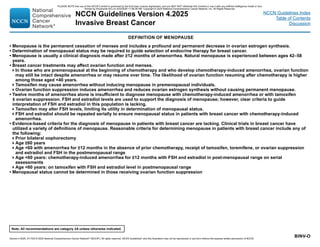 Version 4.2025, 4/17/25 © 2025 National Comprehensive Cancer Network®
(NCCN®
), All rights reserved. NCCN Guidelines®
and this illustration may not be reproduced in any form without the express written permission of NCCN.
Note: All recommendations are category 2A unless otherwise indicated.
NCCN Guidelines Version 4.2025
Invasive Breast Cancer
NCCN Guidelines Index
Table of Contents
Discussion
BINV-O
DEFINITION OF MENOPAUSE
• Menopause is the permanent cessation of menses and includes a profound and permanent decrease in ovarian estrogen synthesis.
• Determination of menopausal status may be required to guide selection of endocrine therapy for breast cancer.
• Menopause is usually a clinical diagnosis made after ≥12 months of amenorrhea. Natural menopause is experienced between ages 42–58
years.
• Breast cancer treatments may affect ovarian function and menses.
In those who are premenopausal at the beginning of chemotherapy and who develop chemotherapy-induced amenorrhea, ovarian function
may still be intact despite amenorrhea or may resume over time. The likelihood of ovarian function resuming after chemotherapy is higher
among those aged 40 years.
Tamoxifen may cause amenorrhea without inducing menopause in premenopausal individuals.
Ovarian function suppression induces amenorrhea and reduces ovarian estrogen synthesis without causing permanent menopause.
• Twelve months of amenorrhea alone is insufficient to diagnose menopause with chemotherapy-induced amenorrhea or with tamoxifen
± ovarian suppression. FSH and estradiol levels are used to support the diagnosis of menopause; however, clear criteria to guide
interpretation of FSH and estradiol in this population is lacking.
Tamoxifen may alter FSH levels, limiting its utility in determination of menopausal status.
FSH and estradiol should be repeated serially to ensure menopausal status in patients with breast cancer with chemotherapy-induced
amenorrhea.
• Evidence-based criteria for the diagnosis of menopause in patients with breast cancer are lacking. Clinical trials in breast cancer have
utilized a variety of definitions of menopause. Reasonable criteria for determining menopause in patients with breast cancer include any of
the following:
Prior bilateral oophorectomy
Age ≥60 years
Age 60 with amenorrhea for ≥12 months in the absence of prior chemotherapy, receipt of tamoxifen, toremifene, or ovarian suppression
and estradiol and FSH in the postmenopausal range
Age 60 years: chemotherapy-induced amenorrhea for ≥12 months with FSH and estradiol in post-menopausal range on serial
assessments
Age 60 years: on tamoxifen with FSH and estradiol level in postmenopausal range
• Menopausal status cannot be determined in those receiving ovarian function suppression
PLEASE NOTE that use of this NCCN Content is governed by the End-User License Agreement, and you MAY NOT distribute this Content or use it with any artificial intelligence model or tool.
Printed by Kirushanth Kiru on 9/22/2025 11:08:38 PM. Copyright © 2025 National Comprehensive Cancer Network, Inc. All Rights Reserved.
 