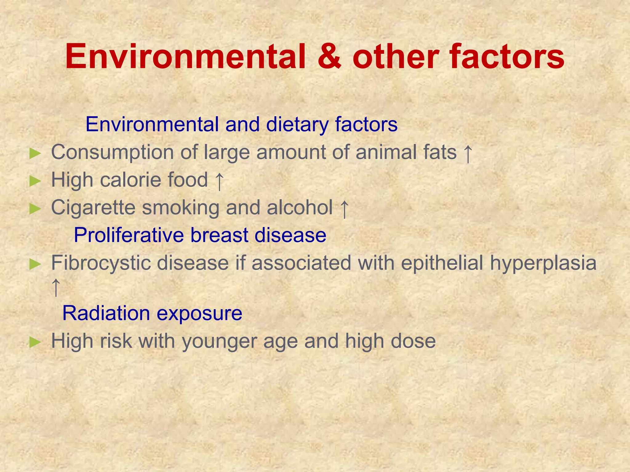 Environmental & other factors
Environmental and dietary factors
► Consumption of large amount of animal fats ↑
► High calorie food ↑
► Cigarette smoking and alcohol ↑
Proliferative breast disease
► Fibrocystic disease if associated with epithelial hyperplasia
↑
Radiation exposure
► High risk with younger age and high dose
 