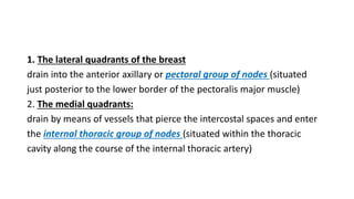 1. The lateral quadrants of the breast
drain into the anterior axillary or pectoral group of nodes (situated
just posterior to the lower border of the pectoralis major muscle)
2. The medial quadrants:
drain by means of vessels that pierce the intercostal spaces and enter
the internal thoracic group of nodes (situated within the thoracic
cavity along the course of the internal thoracic artery)
 