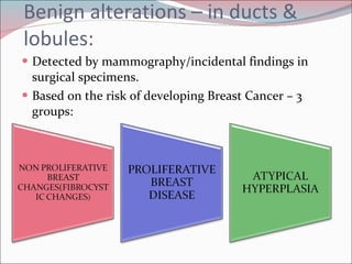 Benign alterations – in ducts & lobules: Detected by mammography/incidental findings in surgical specimens. Based on the risk of developing Breast Cancer – 3 groups: 