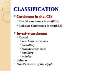 CLASSIFICATIONCLASSIFICATION
Carcinoma in situ, CISCarcinoma in situ, CIS
 Ductal carcinoma in situ(DIS)Ductal carcinoma in situ(DIS)
 Lobular Carcinoma in situ(LIS)Lobular Carcinoma in situ(LIS)
Invasive carcinomaInvasive carcinoma
 DuctalDuctal
scirrhous carcinoma
medullary
mucinous (colloid)
papillary
tubular
 LobularLobular
 Paget’s disease of the nipple
 