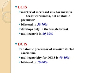 LCIS
marker of increased risk for invasive
breast carcinoma, not anatomic
precursor
bilateral in 50-70%
develops only in the female breast
multicentric in 60-90%
DCIS
anatomic precursor of invasive ductal
carcinoma
multicentricity for DCIS is 40-80%
bilateral in 10-20%
 