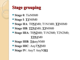 Stage groupingStage grouping
Stage 0: TisN0M0
Stage I: T1N0M0
Stage IIA: T0N1M0; T1N1M0; T2N0M0
Stage IIB: T2N1M0; T3N0M0
Stage IIIA: T0N2M0; T1N2M0; T2N2M0;
T3N1M0
Stage IIIB: T4anyNM0
Stage IIIC: AnyTN3M0
Stage IV: AnyT AnyNM1
 
