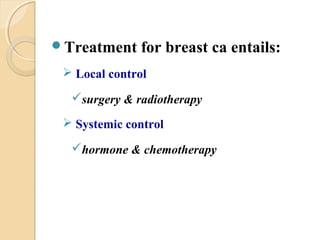 Treatment for breast ca entails:
 Local control
surgery & radiotherapy
 Systemic control
hormone & chemotherapy
 