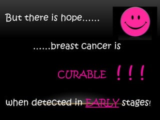 But there is hope……
……breast cancer is
CURABLE
when detected in EARLY stages!
! ! !
 