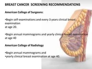 BREAST CANCER SCREENING RECOMMENDATIONS American College of Surgeons: 
•Begin self-examinations and every 3 years clinical breast examination at age 20. 
•Begin annual mammograms and yearly clinical breast examination at age 40 American College of Radiology 
•Begin annual mammograms and 
•yearly clinical breast examination at age 40.  