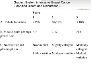 Score 
1 
2 
3 
A.Tubule formation 
>75% 
10-75% 
< 10% 
B. Mitotic count per high- power field 
< 7 
7-12 
>12 
C. Nuclear size and pleomorphism 
Near normal Little variation 
Slightly enlarged Moderate variation 
Markedly enlarged Marked variation 
Grading System in Invasive Breast Cancer 
(Modified Bloom and Richardson) )  