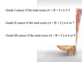 Grade I cancer if the total score (A + B + C) is 3-5 
Grade II cancer if the total score (A + B + C) is 6 or 7 
Grade III cancer if the total score (A + B + C) is 8 or 9  