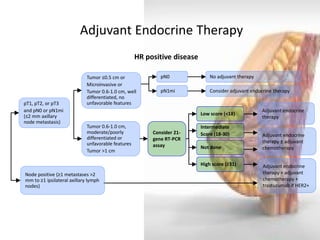 Adjuvant Endocrine Therapy 
pT1, pT2, or pT3 
and pN0 or pN1mi (≤2 mm axillary node metastasis) 
Node positive (≥1 metastases >2 mm to ≥1 ipsilateral axillary lymph nodes) 
Tumor ≤0.5 cm or 
Microinvasive or 
Tumor 0.6-1.0 cm, well differentiated, no unfavorable features 
Tumor 0.6-1.0 cm, moderate/poorly differentiated or unfavorable features 
Tumor >1 cm 
pN0 
pN1mi 
Adjuvant endocrine therapy ± adjuvant chemotherapy 
Adjuvant endocrine therapy 
Consider adjuvant endocrine therapy 
No adjuvant therapy 
Adjuvant endocrine therapy + adjuvant chemotherapy + trastuzumab if HER2+ 
Consider 21- gene RT-PCR assay 
Low score (<18) 
Intermediate Score (18-30) 
Not done 
High score (≥31) 
HR positive disease  