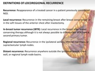 DEFINITIONS Of LOCOREGIONAL RECURRENCE Recurrence: Reappearance of a treated cancer in a patient previously considered NED. Local recurrence: Recurrence in the remaining breast after breast conservation or in the soft tissues of the anterior chest after mastectomy. In-breast tumor recurrence (IBTR): Local recurrence in the breast after breast- conserving therapy although it is not always possible to differentiate IBTR from a second primary tumor. Regional recurrence: Recurrence in the ipsilateral axillary, internal mammary, or supraclavicular lymph nodes. Distant recurrence: Recurrence anywhere outside the ipsilateral breast, chest wall, or regional lymph node basins.  
