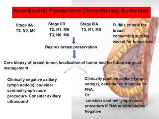 (Neoadjuvant) Preoperative Chemotherapy Guidelines 
Stage IIA T2, N0, M0 
Stage IIB 
T2, N1, M0 
T3, N0, M0 
Stage lllA 
T3, N1, M0 
Fulfills criteria for breast 
conserving surgery 
except for tumor size 
Desires breast preservation 
Core biopsy of breast tumor, localization of tumor bed for future surgical management 
Clinically negative axillary lymph node(s), consider sentinel lymph node procedure Consider axillary ultrasound 
Clinically positive axillary lymph node(s), consider core biopsy or FNA; 
Or 
consider sentinel lymph node 
procedure if FNA or core biopsy 
Negative  