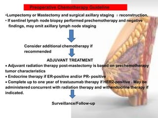 Preoperative Chemotherapy Guideline 
•Lumpectomy or Mastectomy and surgical axillary staging ± reconstruction. 
• If sentinel lymph node biopsy performed prechemotherapy and negative 
findings, may omit axillary lymph node staging 
Consider additional chemotherapy if recommended 
ADJUVANT TREATMENT 
Adjuvant radiation therapy post-mastectomy is based on prechemotherapy tumor characteristics 
Endocrine therapy if ER-positive and/or PR- positive 
Complete up to one year of trastuzumab therapy if HER2-positive . May be administered concurrent with radiation therapy and withendocrine therapy if indicated. 
Surveillance/Follow-up  