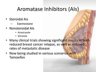 Aromatase Inhibitors (AIs) 
•Steroidal Ais 
– Exemestane 
•Nonsteroidal AIs 
•Anastrazole 
•letrozole 
•Many clinical trials showing significant results in both reduced breast cancer relapse, as well as reduced rates of metastatic disease 
•Now being studied in various scenarios with Tamoxifen  
