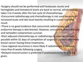 •Surgery should not be performed until leukocyte counts and hemoglobin and hematocrit levels are back to normal, which typically takes 3 to 4 weeks after the last cycle of chemotherapy. 
•Concurrent radiotherapy and chemotherapy is not used because of increased acute and late local toxicity resulting in a poor cosmetic result. 
•There is no good evidence that concurrent radiotherapy and endocrine therapy is detrimental. However, concurrent chemotherapy and tamoxifen compromises survival. 
•Start adjuvant chemotherapy or radiotherapy as soon as clinically possible within 31 days of completion of surgery in patients with early breast cancer having these treatments. 
• loco-regional recurrence is more likely if radiotherapy is delayed more than 8 weeks following surgery. 
•Delayed reconstruction is preferred if postmastectomy RT is to be given.  