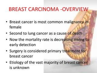 BREAST CARCINOMA -OVERVIEW 
•Breast cancer is most common malignancy in female 
•Second to lung cancer as a cause of death 
•Now the mortality rate is decreasing owing to early detection 
•Surgery is considered primary treatment for breast cancer 
•Etiology of the vast majority of breast cancer is unknown  