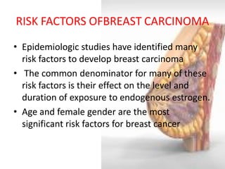 RISK FACTORS OFBREAST CARCINOMA 
•Epidemiologic studies have identified many risk factors to develop breast carcinoma 
• The common denominator for many of these risk factors is their effect on the level and duration of exposure to endogenous estrogen. 
•Age and female gender are the most significant risk factors for breast cancer  