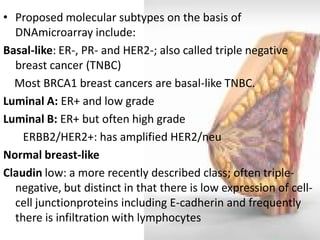 •Proposed molecular subtypes on the basis of DNAmicroarray include: 
Basal-like: ER-, PR- and HER2-; also called triple negative breast cancer (TNBC) 
Most BRCA1 breast cancers are basal-like TNBC. 
Luminal A: ER+ and low grade 
Luminal B: ER+ but often high grade 
ERBB2/HER2+: has amplified HER2/neu 
Normal breast-like 
Claudin low: a more recently described class; often triple- negative, but distinct in that there is low expression of cell- cell junctionproteins including E-cadherin and frequently there is infiltration with lymphocytes 
 