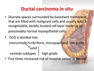 Ductal carcinoma in situ 
•Discrete spaces surrounded by basement membrane that are filled with malignant cells and usually with a recognizable, basally located cell layer made up of presumably normal myoepithelial cells. 
• DCIS is divided into 
noncomedo cribriform, micropapillary low grade 
solid 
comedo subtypes high grade 
•Five times increased risk of invasive cancer in female  
