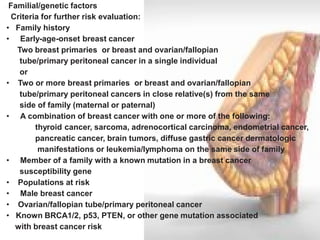 · Familial/genetic factors Criteria for further risk evaluation: 
• Family history 
• Early-age-onset breast cancer Two breast primaries or breast and ovarian/fallopian tube/primary peritoneal cancer in a single individual or 
• Two or more breast primaries or breast and ovarian/fallopian tube/primary peritoneal cancers in close relative(s) from the same side of family (maternal or paternal) 
• A combination of breast cancer with one or more of the following: thyroid cancer, sarcoma, adrenocortical carcinoma, endometrial cancer, pancreatic cancer, brain tumors, diffuse gastric cancer dermatologic manifestations or leukemia/lymphoma on the same side of family 
• Member of a family with a known mutation in a breast cancer susceptibility gene 
• Populations at risk 
• Male breast cancer 
• Ovarian/fallopian tube/primary peritoneal cancer 
• Known BRCA1/2, p53, PTEN, or other gene mutation associated with breast cancer risk  