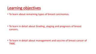Learning objectives
• To learn about remaining types of breast carcinomas.
• To learn in detail about Grading ,staging and prognosis of breast
cancers.
• To learn in detail about management and vaccine of breast cancer of
TNBC
 