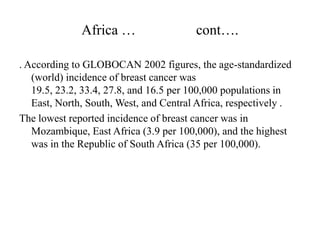 Africa …                  cont….

. According to GLOBOCAN 2002 figures, the age-standardized
   (world) incidence of breast cancer was
   19.5, 23.2, 33.4, 27.8, and 16.5 per 100,000 populations in
   East, North, South, West, and Central Africa, respectively .
The lowest reported incidence of breast cancer was in
   Mozambique, East Africa (3.9 per 100,000), and the highest
   was in the Republic of South Africa (35 per 100,000).
 