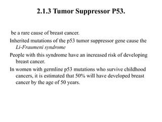 2.1.3 Tumor Suppressor P53.

 be a rare cause of breast cancer.
Inherited mutations of the p53 tumor suppressor gene cause the
   Li-Fraumeni syndrome
People with this syndrome have an increased risk of developing
   breast cancer.
In women with germline p53 mutations who survive childhood
   cancers, it is estimated that 50% will have developed breast
   cancer by the age of 50 years.
 