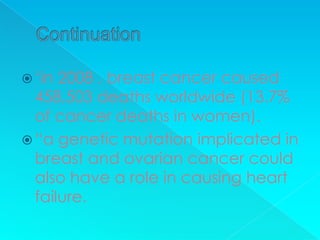  „in 2008 , breast cancer caused
  458,503 deaths worldwide (13.7%
  of cancer deaths in women).
 “a genetic mutation implicated in
  breast and ovarian cancer could
  also have a role in causing heart
  failure.
 