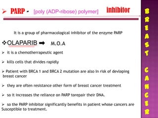  PARP -           [poly (ADP-ribose) polymer]               inhibitor        B
                                                                              R
                                                                              E
       It is a group of pharmacological inhibitor of the enzyme PARP
                                                                              A
OLAPARIB                    M.O.A                                            S
 it is a chemotherrapeutic agent                                             T
 kills cells that divides rapidly

 Patient with BRCA 1 and BRCA 2 mutation are also In risk of devloping       C
breast cancer
                                                                              A
 they are often resistance other form of breast cancer treatment
                                                                              N
 so it increases the reliance on PARP torepair their DNA.                    C
 so the PARP inhibitor significantly benefits in patient whose cancers are   E
Susceptible to treatment.
                                                                              R
 
