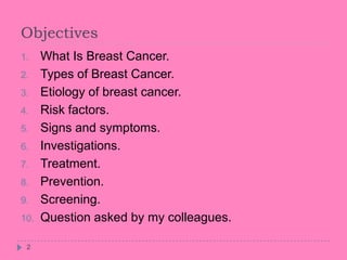 Objectives
2
1. What Is Breast Cancer.
2. Types of Breast Cancer.
3. Etiology of breast cancer.
4. Risk factors.
5. Signs and symptoms.
6. Investigations.
7. Treatment.
8. Prevention.
9. Screening.
10. Question asked by my colleagues.
 